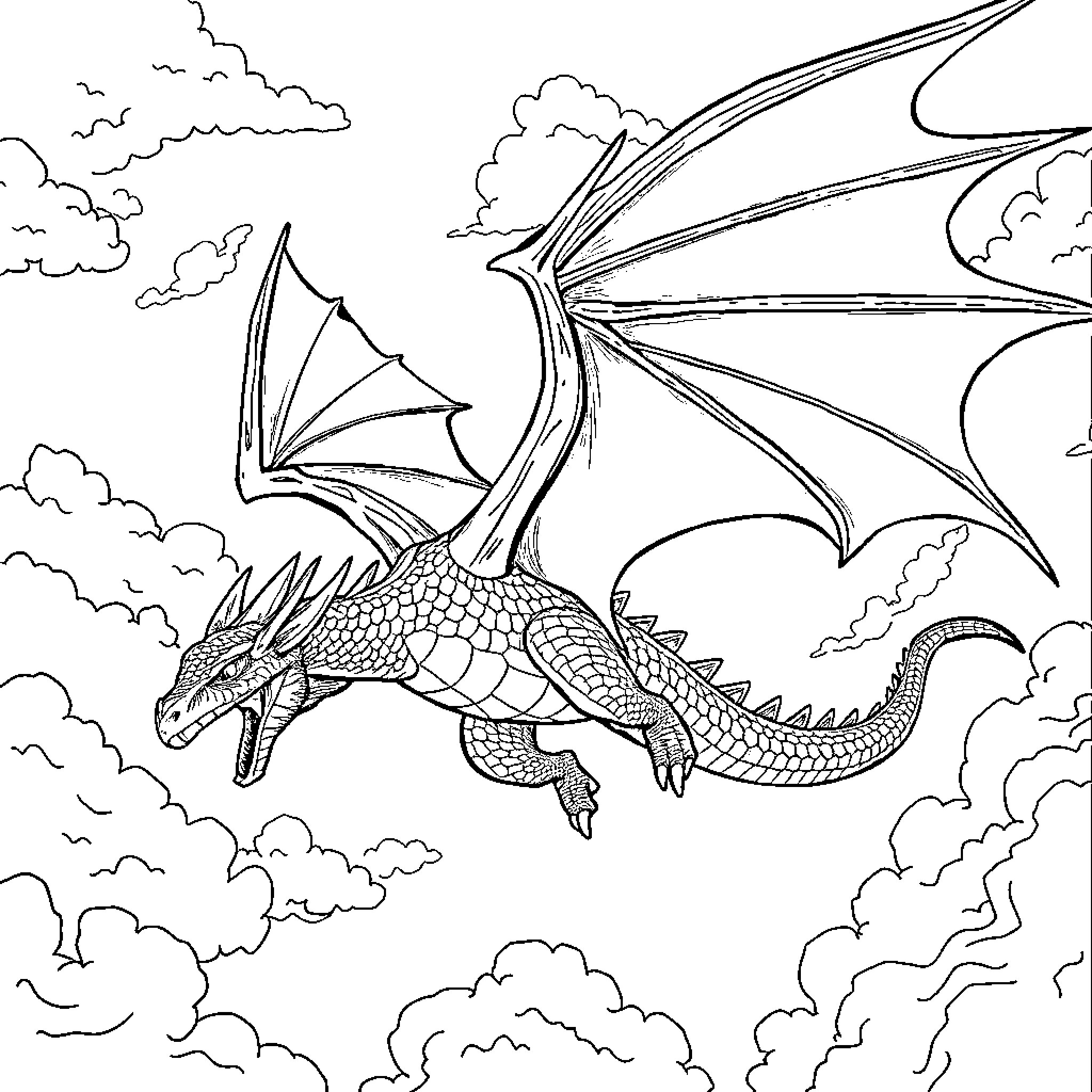 Dracaufeu soaring through the cloudy skies Coloring Page (free black-and-white line drawing printable PDF for all, from beginners to advanced learners, including children, teens, adults, and seniors)