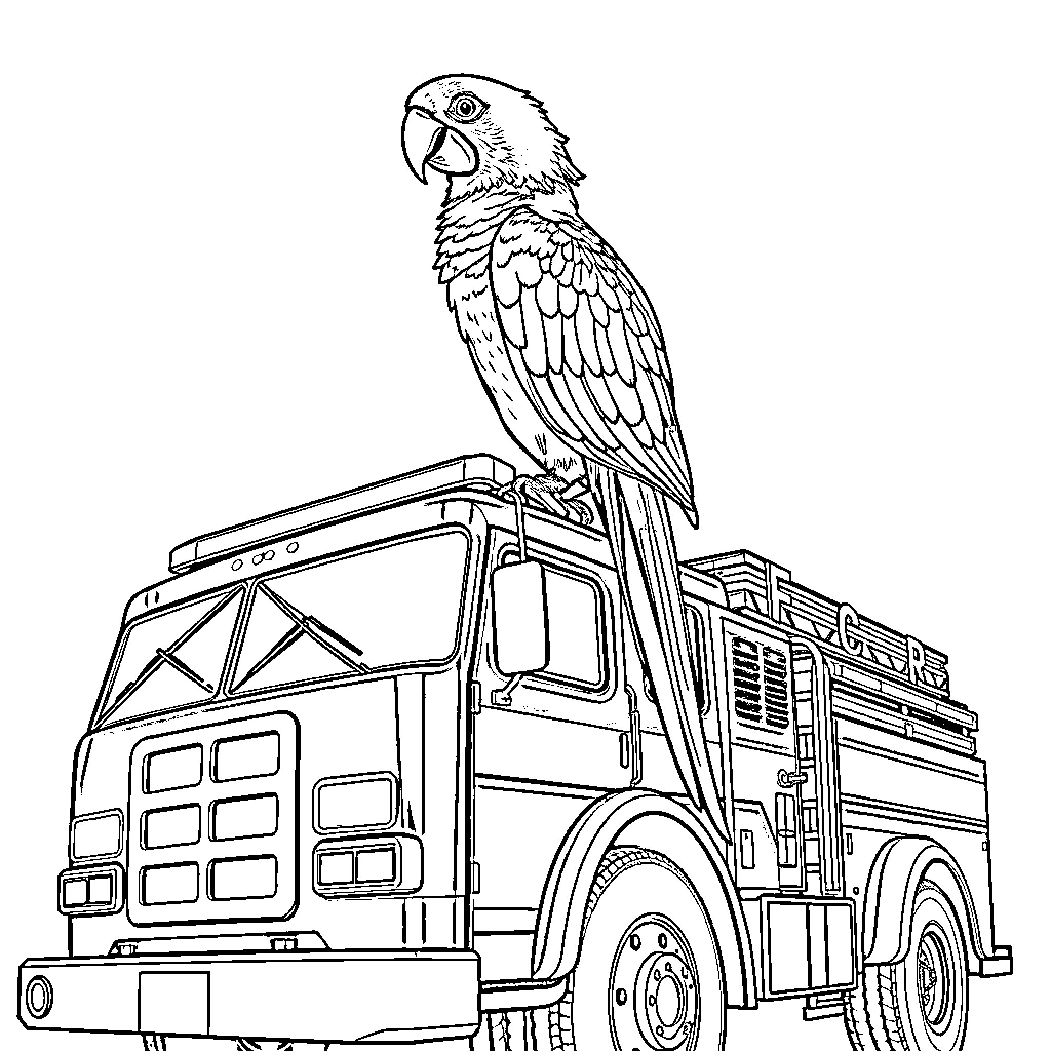 Parrot perched atop a sturdy truck Coloring Page (free black-and-white line drawing printable PDF for all, from beginners to advanced learners, including children, teens, adults, and seniors)