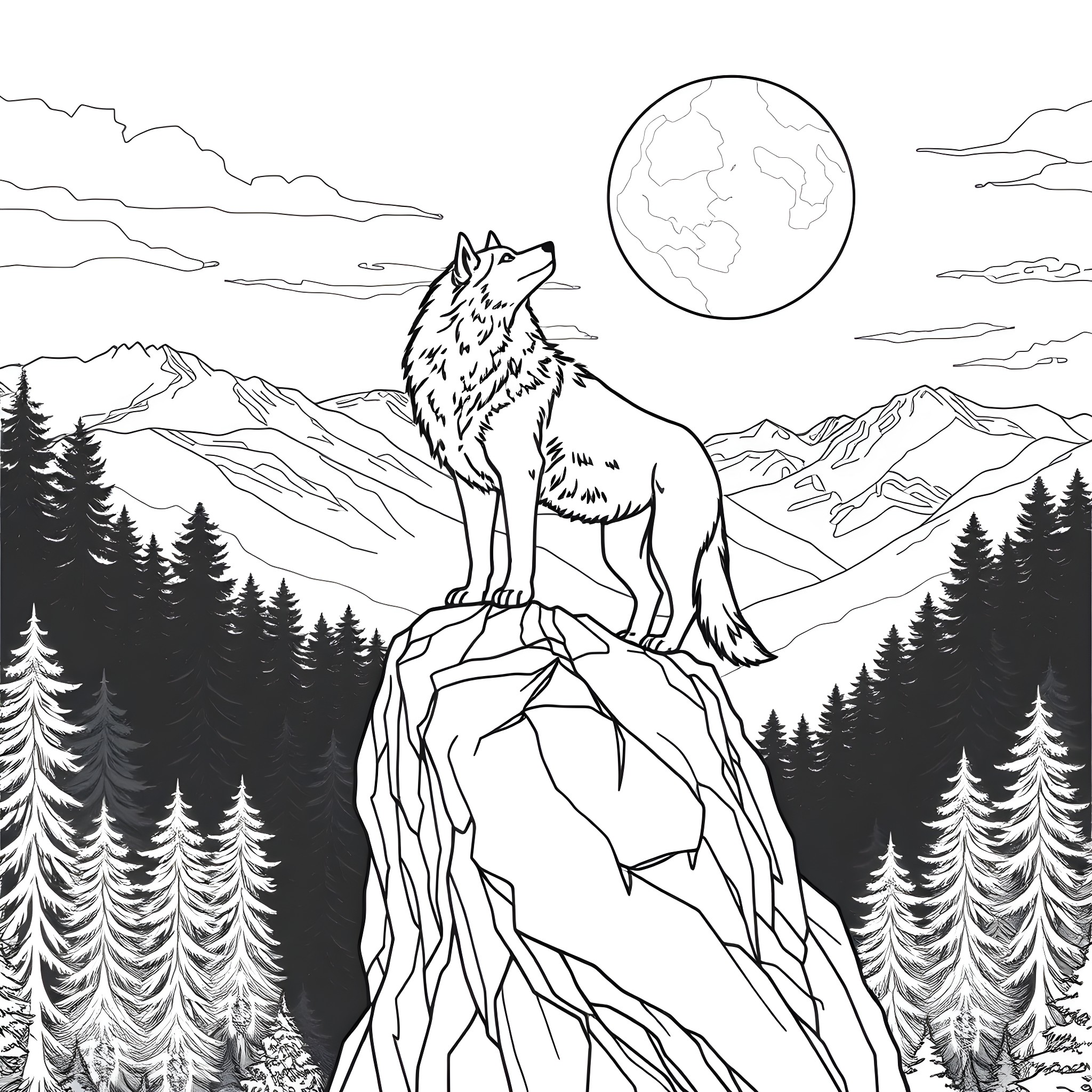 Wolf howling at the moon in the wilderness Coloring Page (free black-and-white line drawing printable PDF for all, from beginners to advanced learners, including children, teens, adults, and seniors)