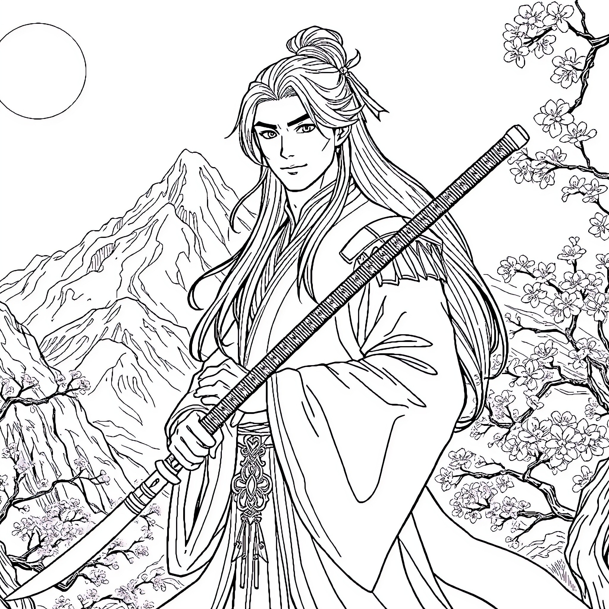 Prince in Contemplative Pose with Sword and Mountain Scenery Coloring Page (free black-and-white line drawing printable PDF for all, from beginners to advanced learners, including children, teens, adults, and seniors)
