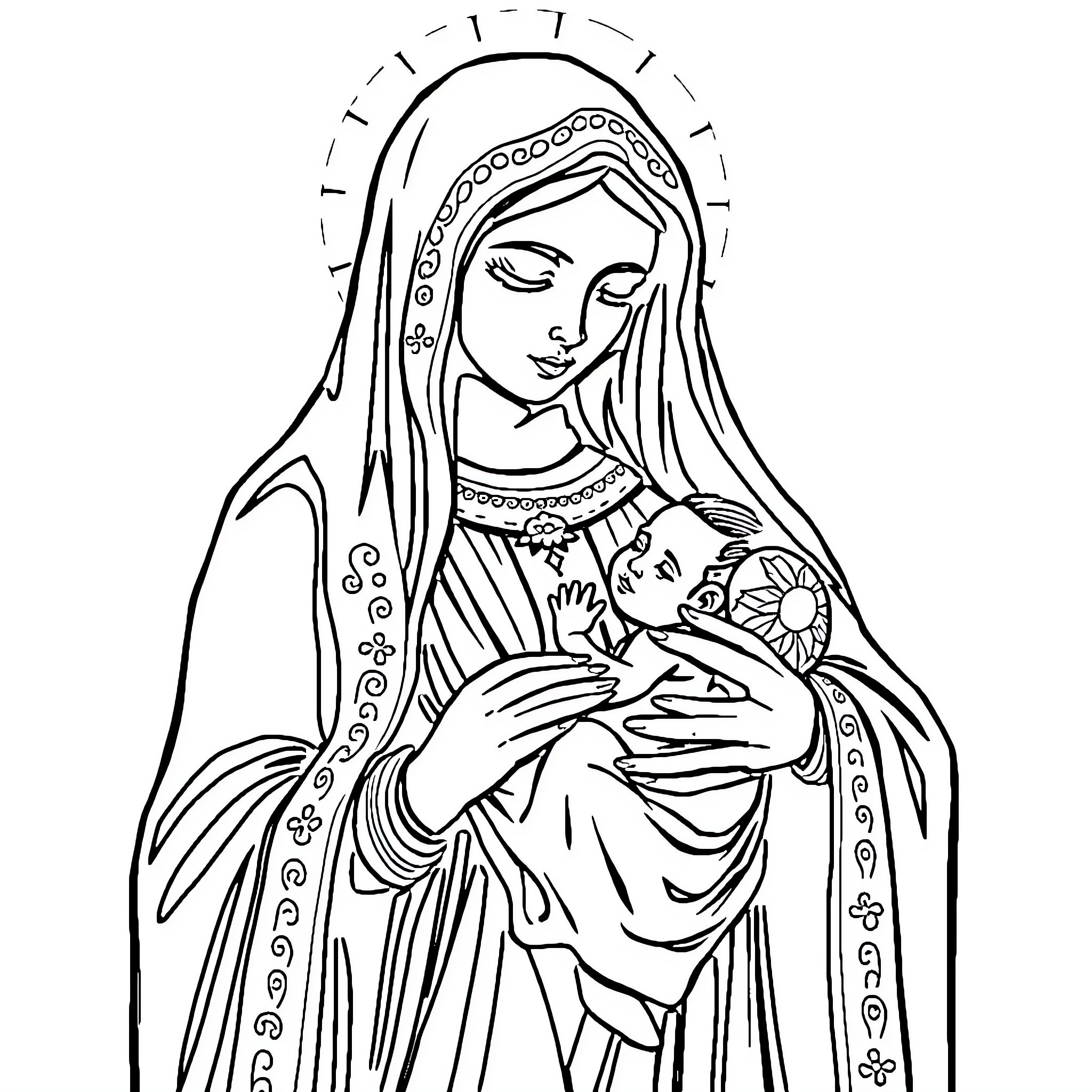 Santa Muerte - Compassionate Mother Cradling Child Coloring Page (free black-and-white line drawing printable PDF for all, from beginners to advanced learners, including children, teens, adults, and seniors)