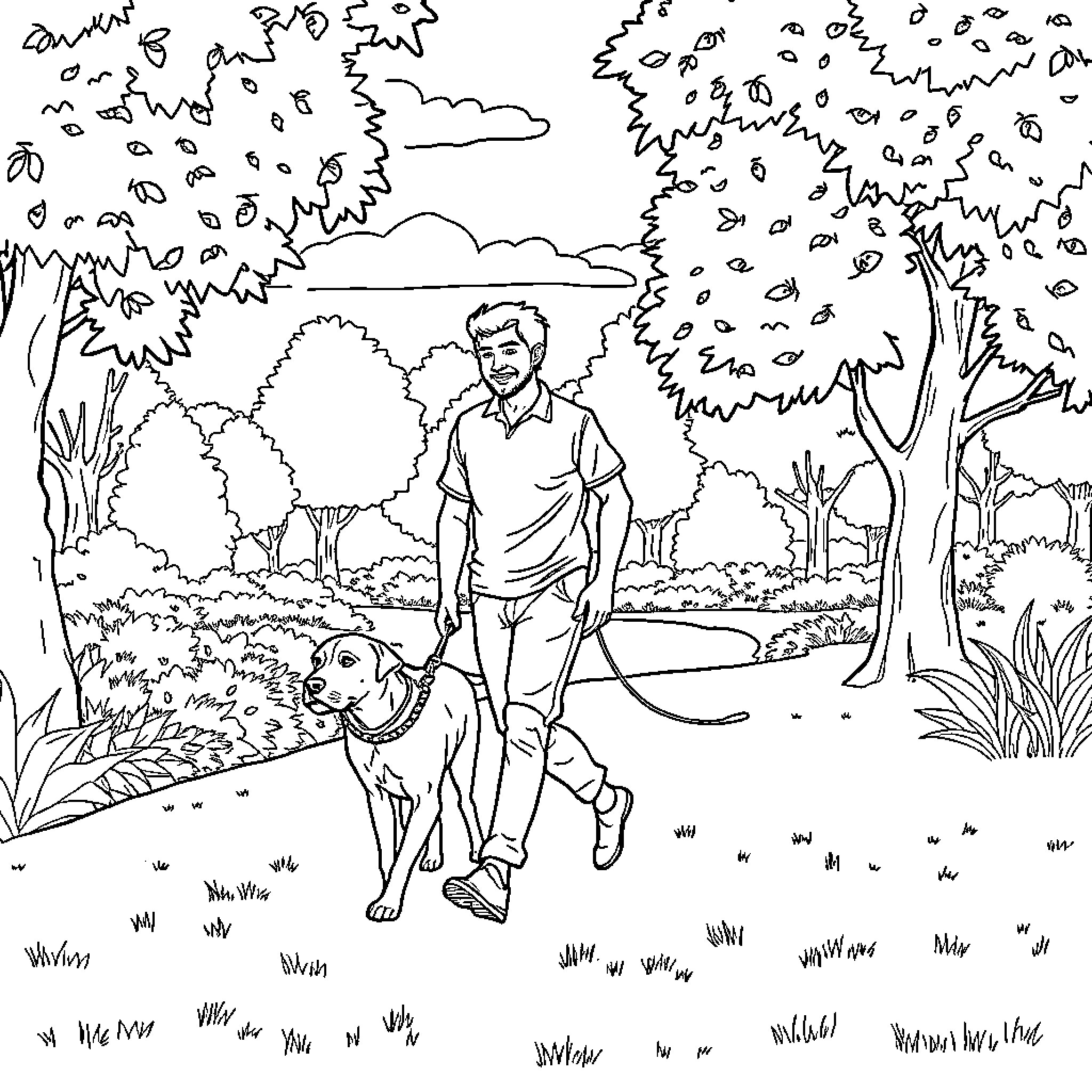 Man walking his dog in the park Coloring Page (free black-and-white line drawing printable PDF for all, from beginners to advanced learners, including children, teens, adults, and seniors)