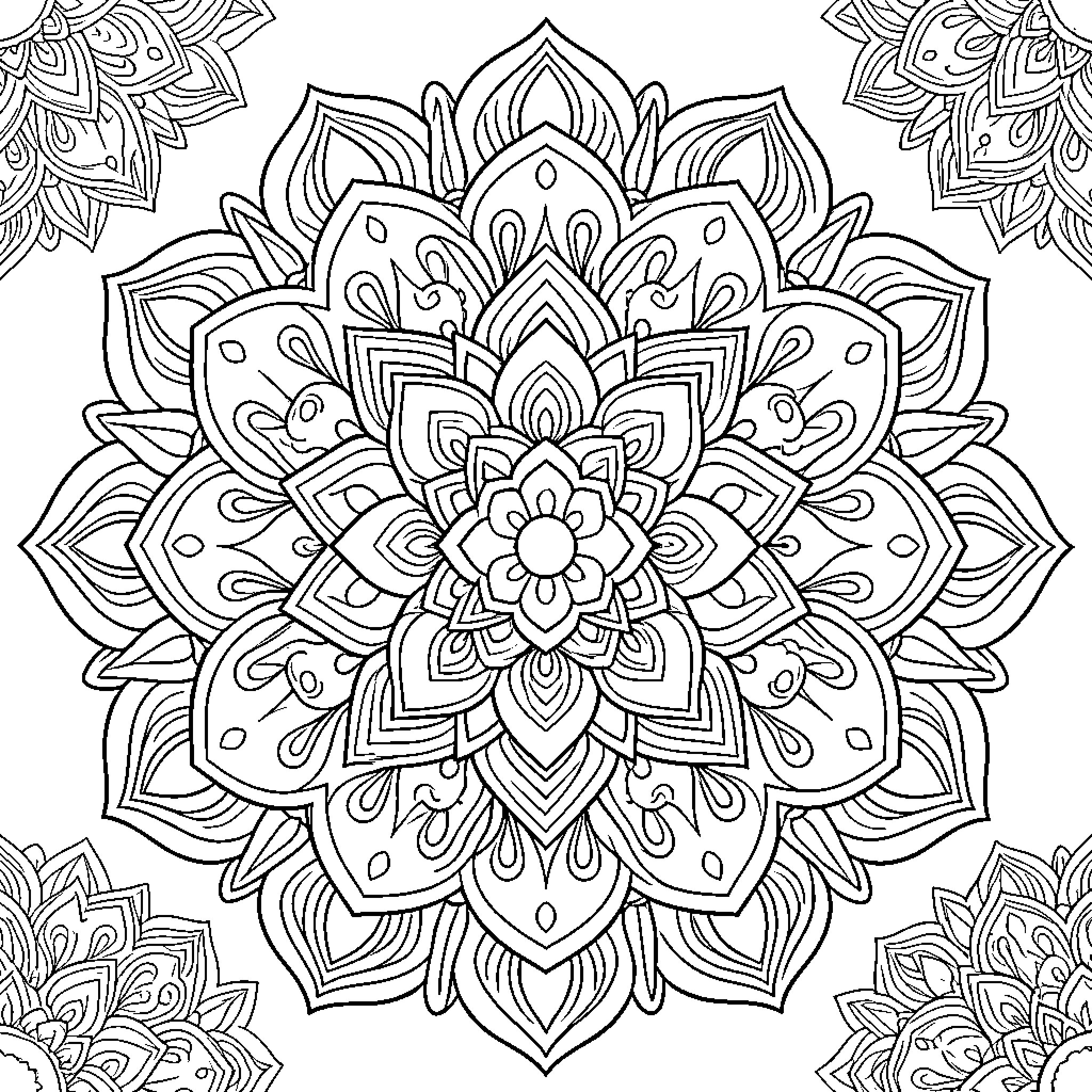 Mandalas featuring intricate floral and symmetrical patterns Coloring Page (free black-and-white line drawing printable PDF for all, from beginners to advanced learners, including children, teens, adults, and seniors)