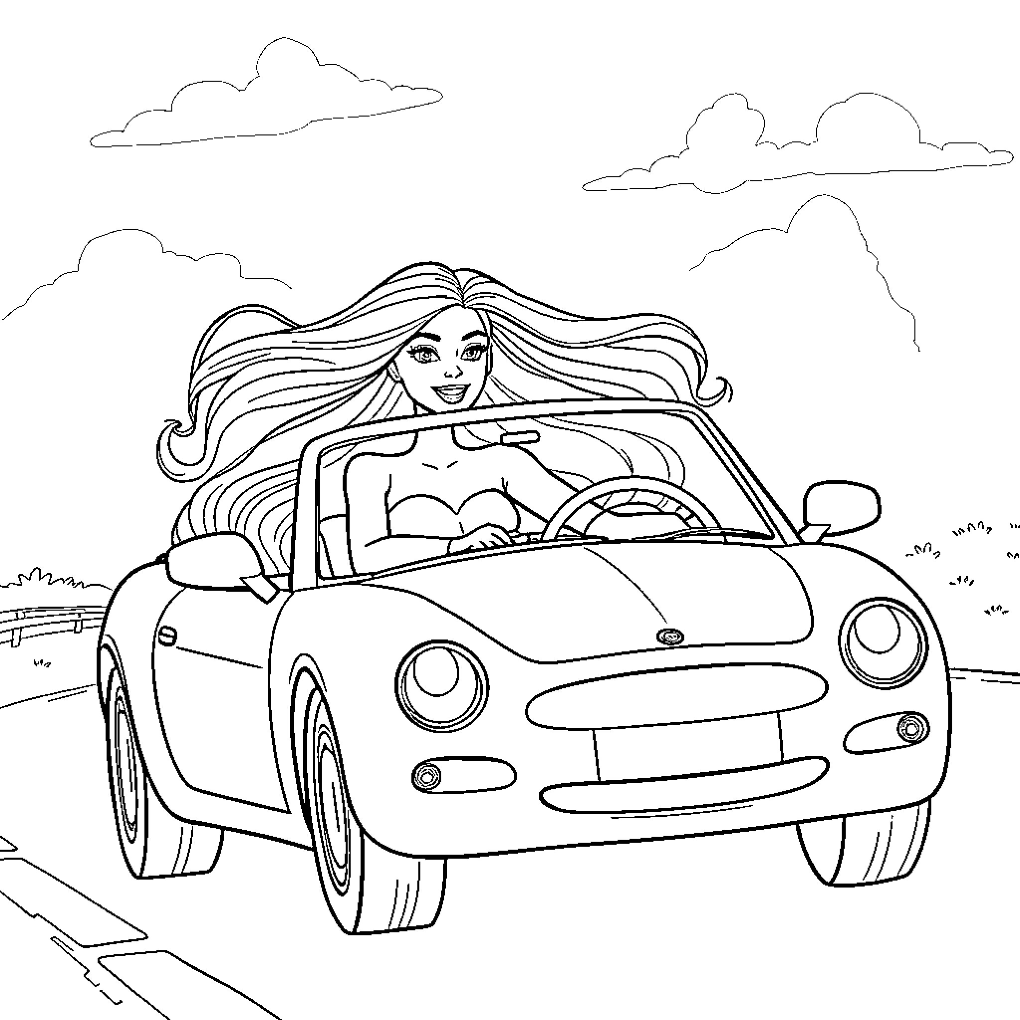 Barbie driving a convertible through the countryside Coloring Page (free black-and-white line drawing printable PDF for all, from beginners to advanced learners, including children, teens, adults, and seniors)