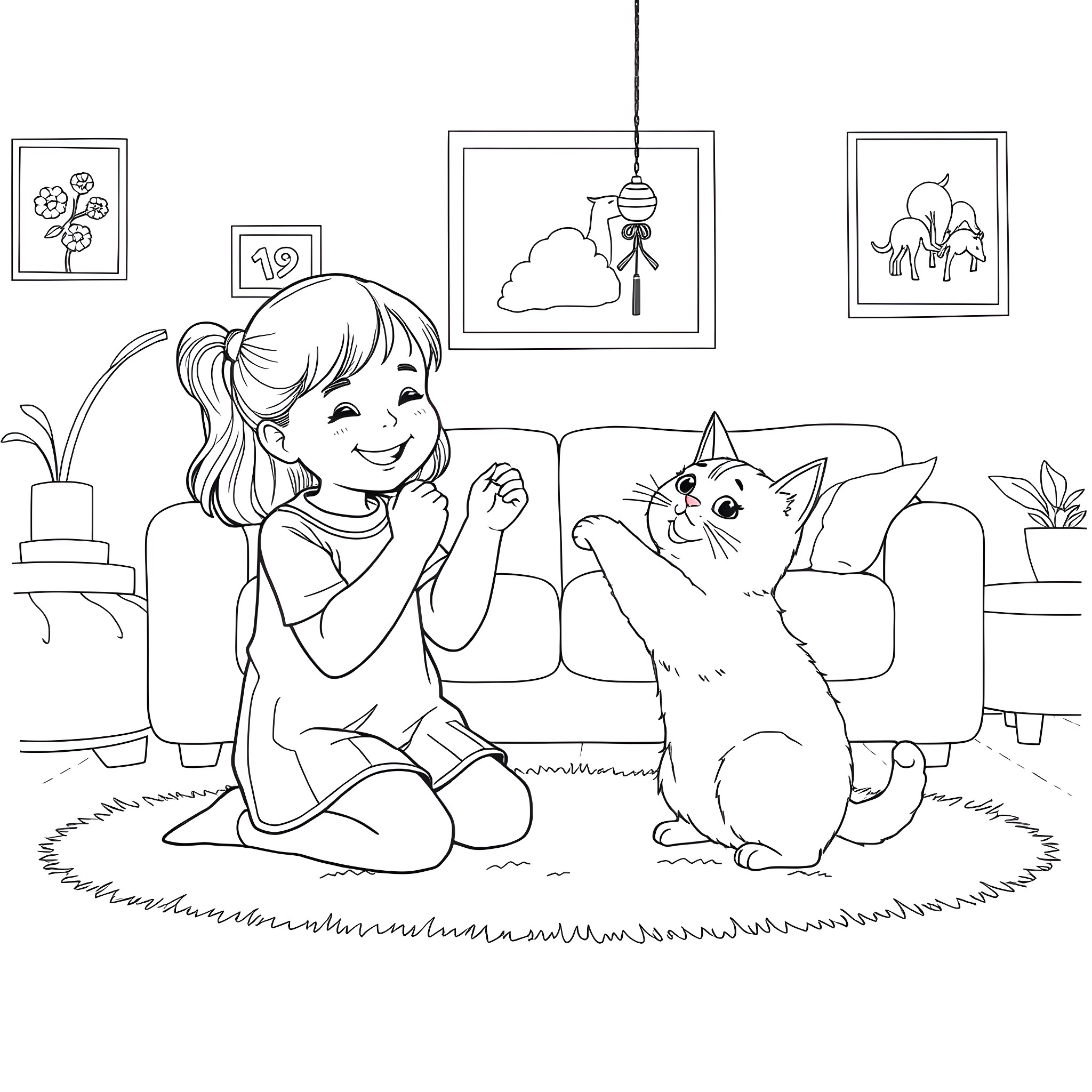 Girl playing with her pet cat in a cozy home Coloring Page (free black-and-white line drawing printable PDF for all, from beginners to advanced learners, including children, teens, adults, and seniors)