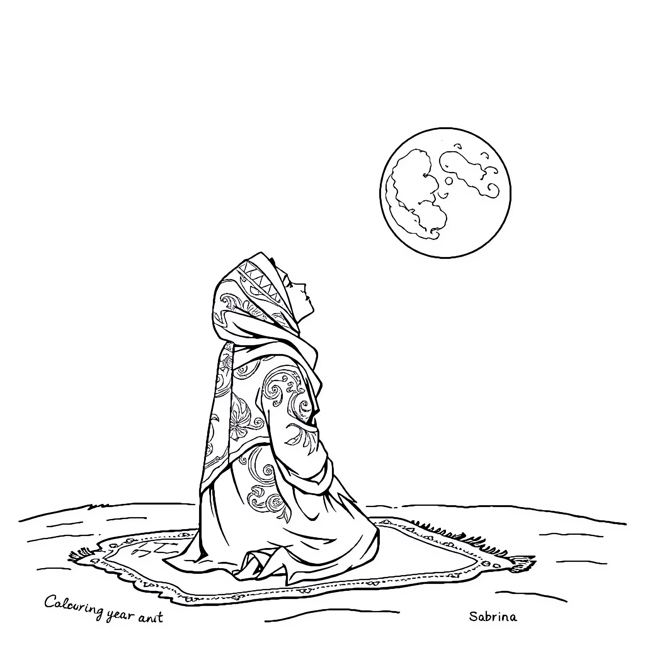 Sabrina admiring the moon in a peaceful setting Coloring Page (free black-and-white line drawing printable PDF for all, from beginners to advanced learners, including children, teens, adults, and seniors)