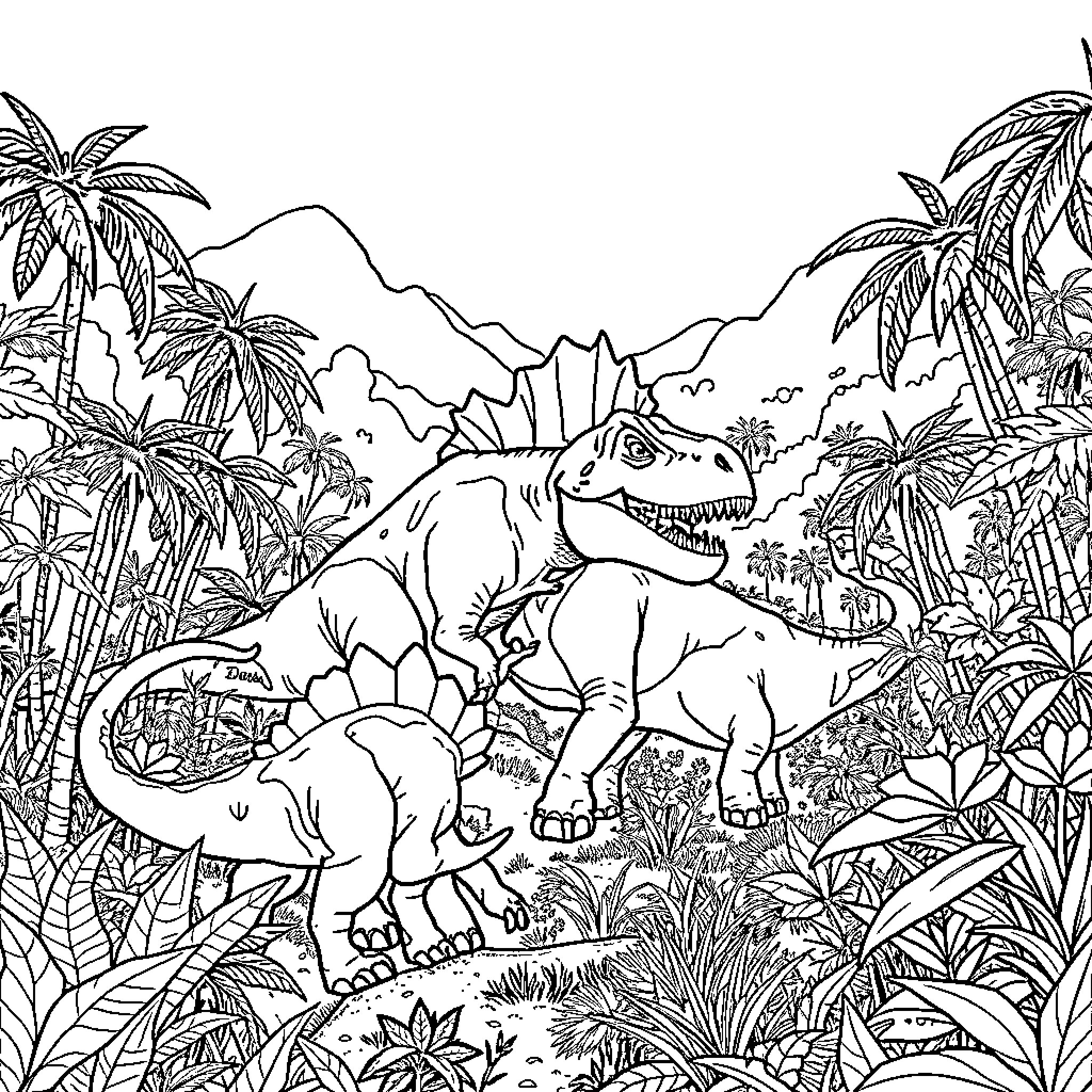 Dinosaurs roaming the prehistoric jungle landscape Coloring Page (free black-and-white line drawing printable PDF for all, from beginners to advanced learners, including children, teens, adults, and seniors)