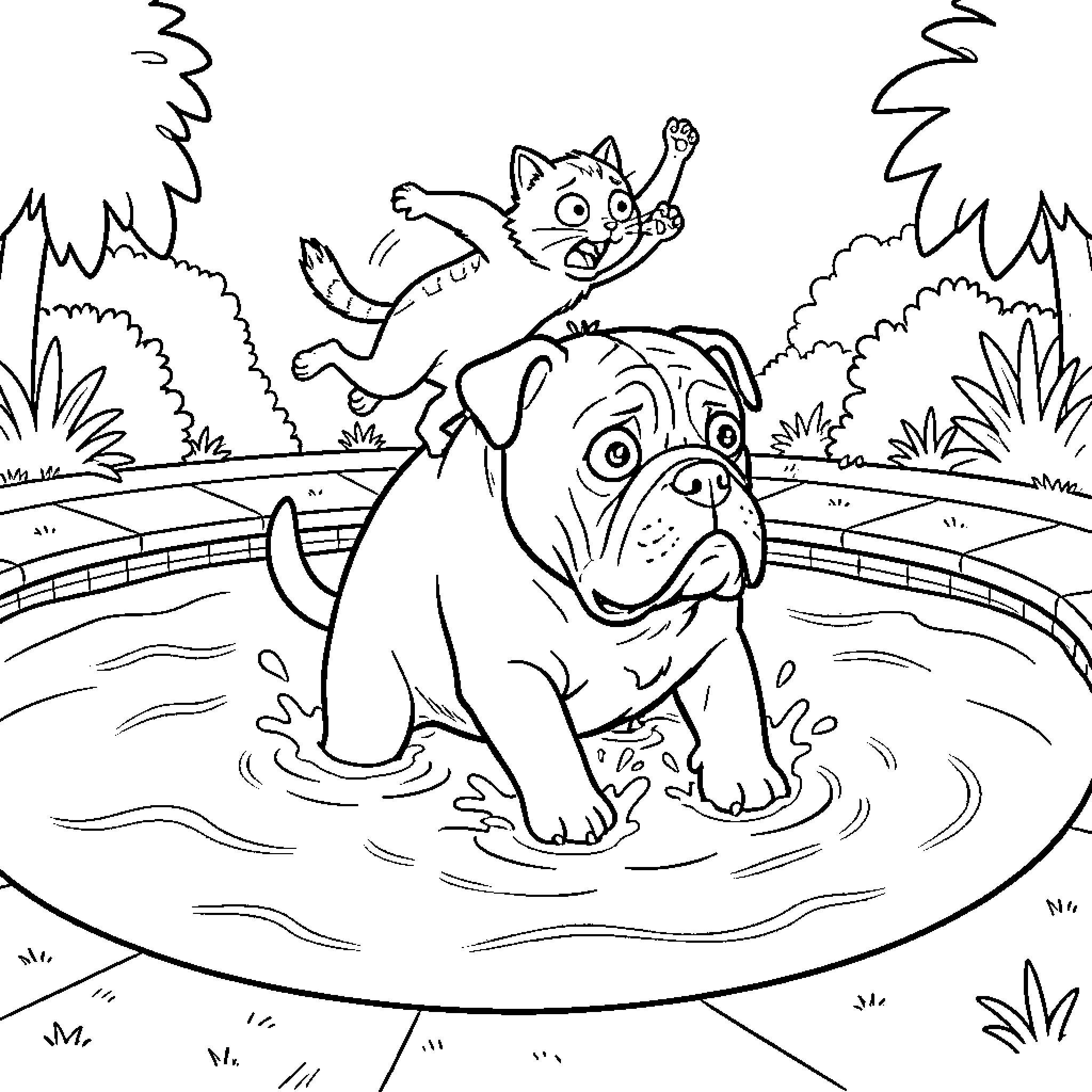 Cat chasing mischievous kitten in the water Coloring Page (free black-and-white line drawing printable PDF for all, from beginners to advanced learners, including children, teens, adults, and seniors)