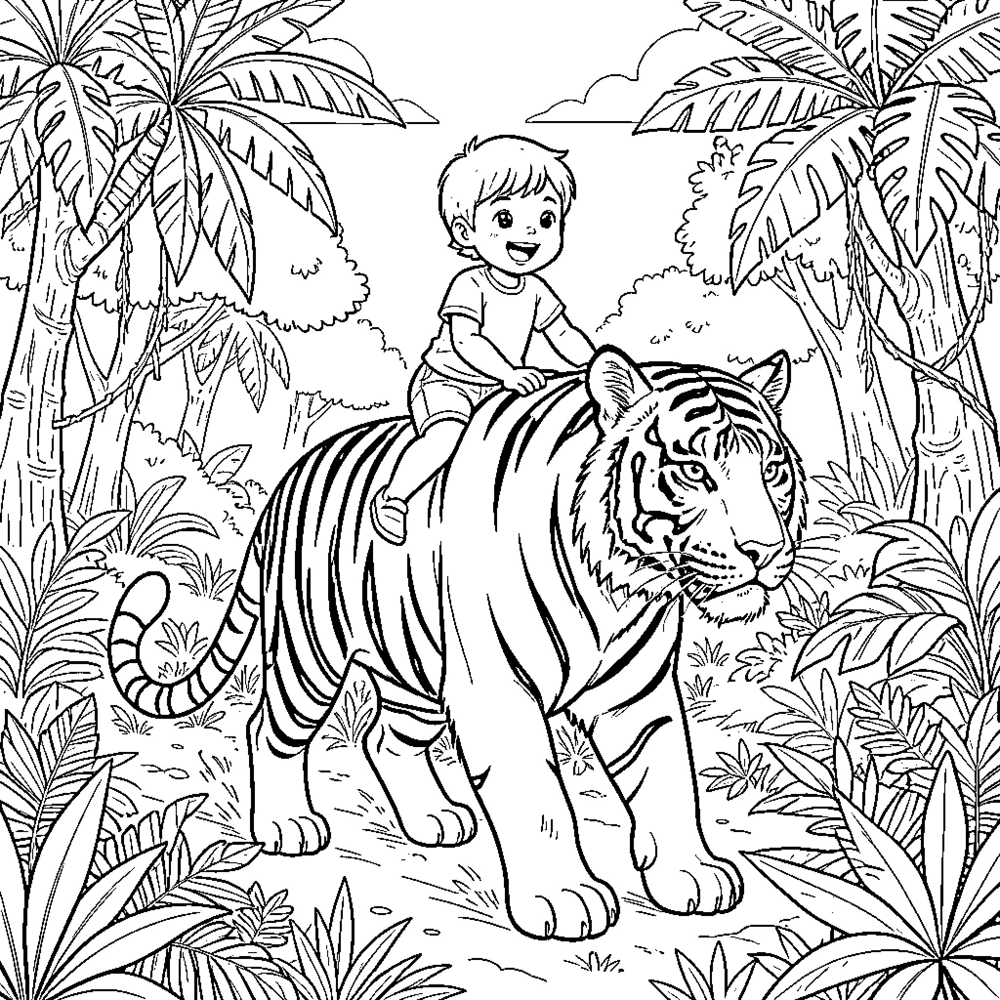 Kid riding on a tiger in the jungle Coloring Page (free black-and-white line drawing printable PDF for all, from beginners to advanced learners, including children, teens, adults, and seniors)