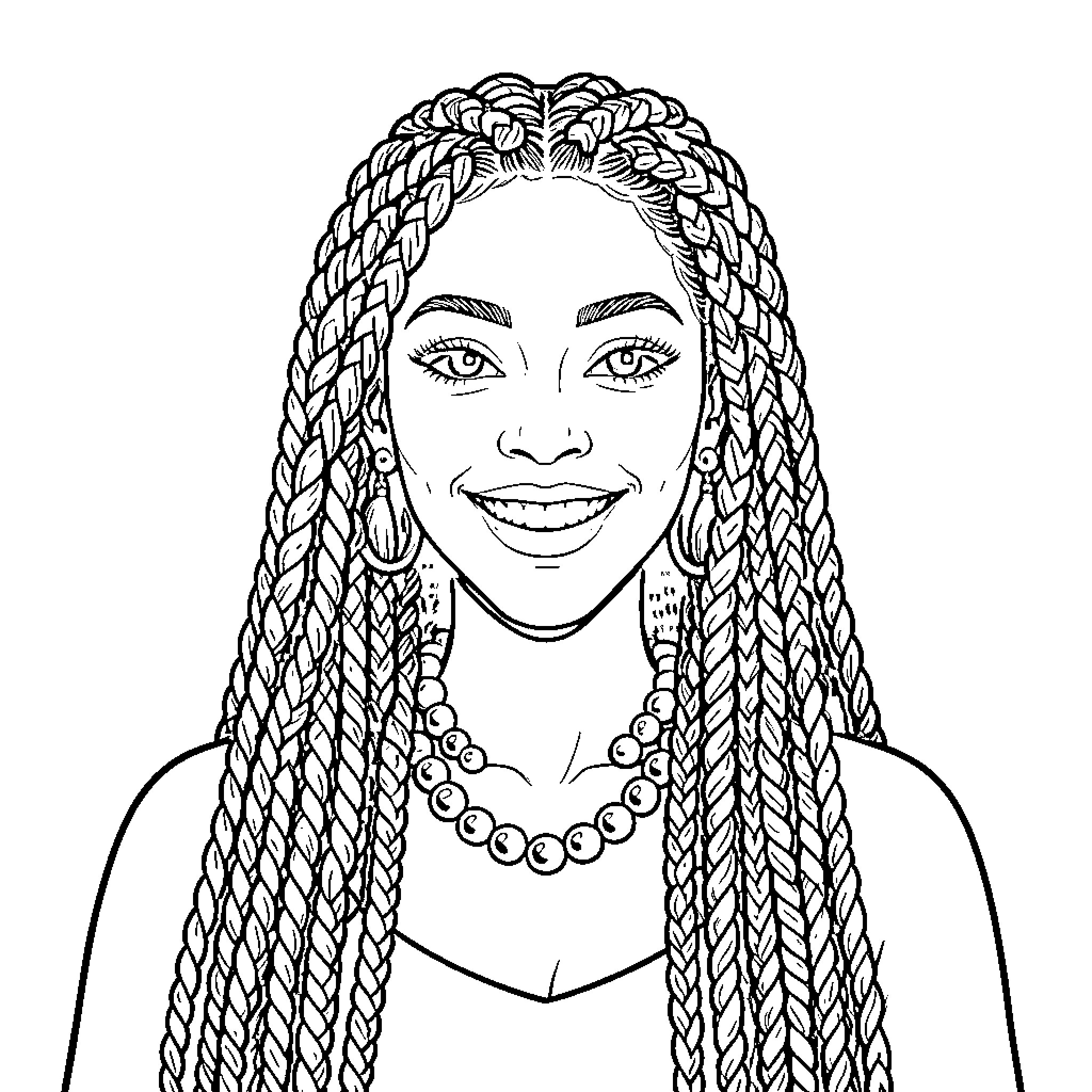 Afroqueen's Radiant Smile and Braided Glory Coloring Page (free black-and-white line drawing printable PDF for all, from beginners to advanced learners, including children, teens, adults, and seniors)