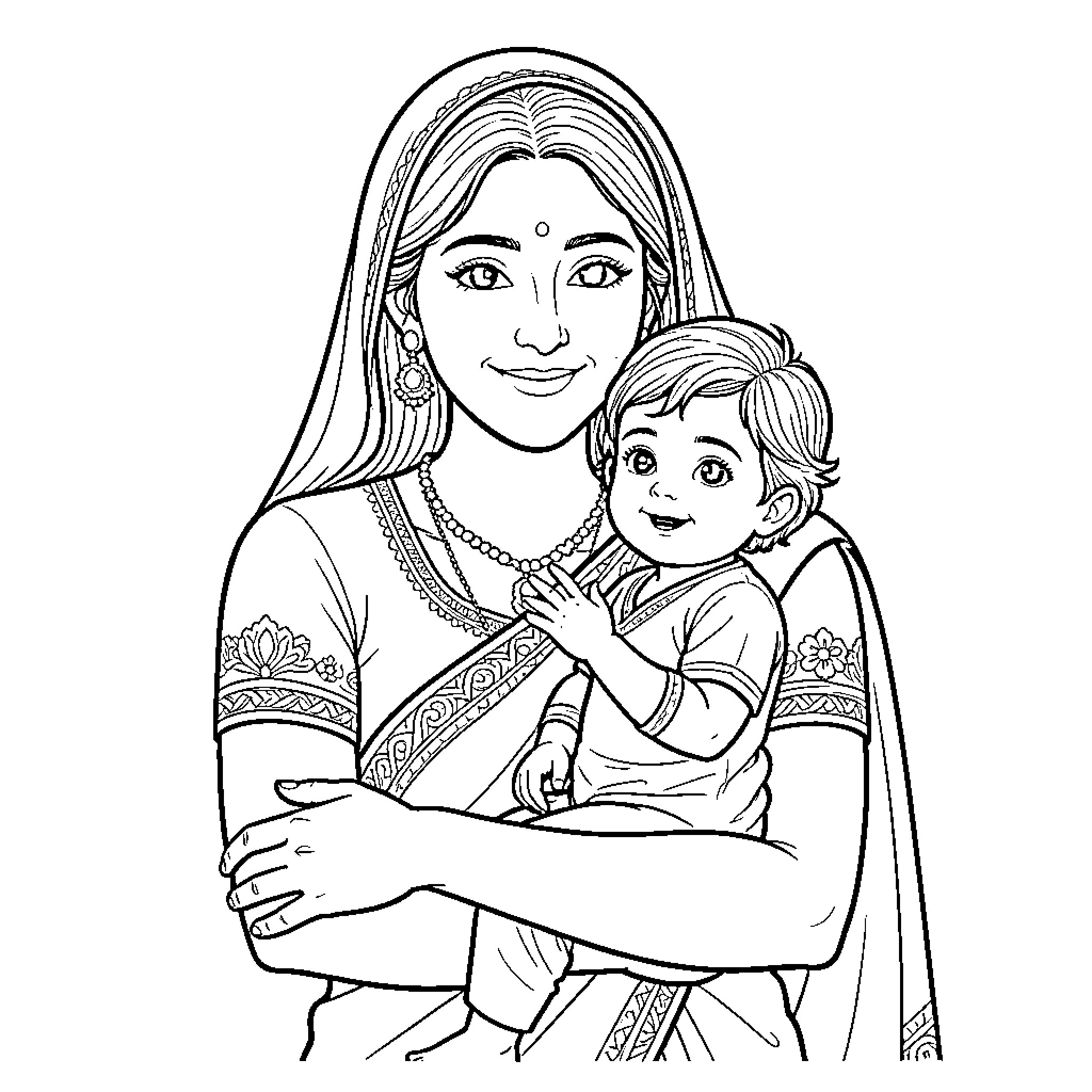 Amma smiling while holding her young child close Coloring Page (free black-and-white line drawing printable PDF for all, from beginners to advanced learners, including children, teens, adults, and seniors)