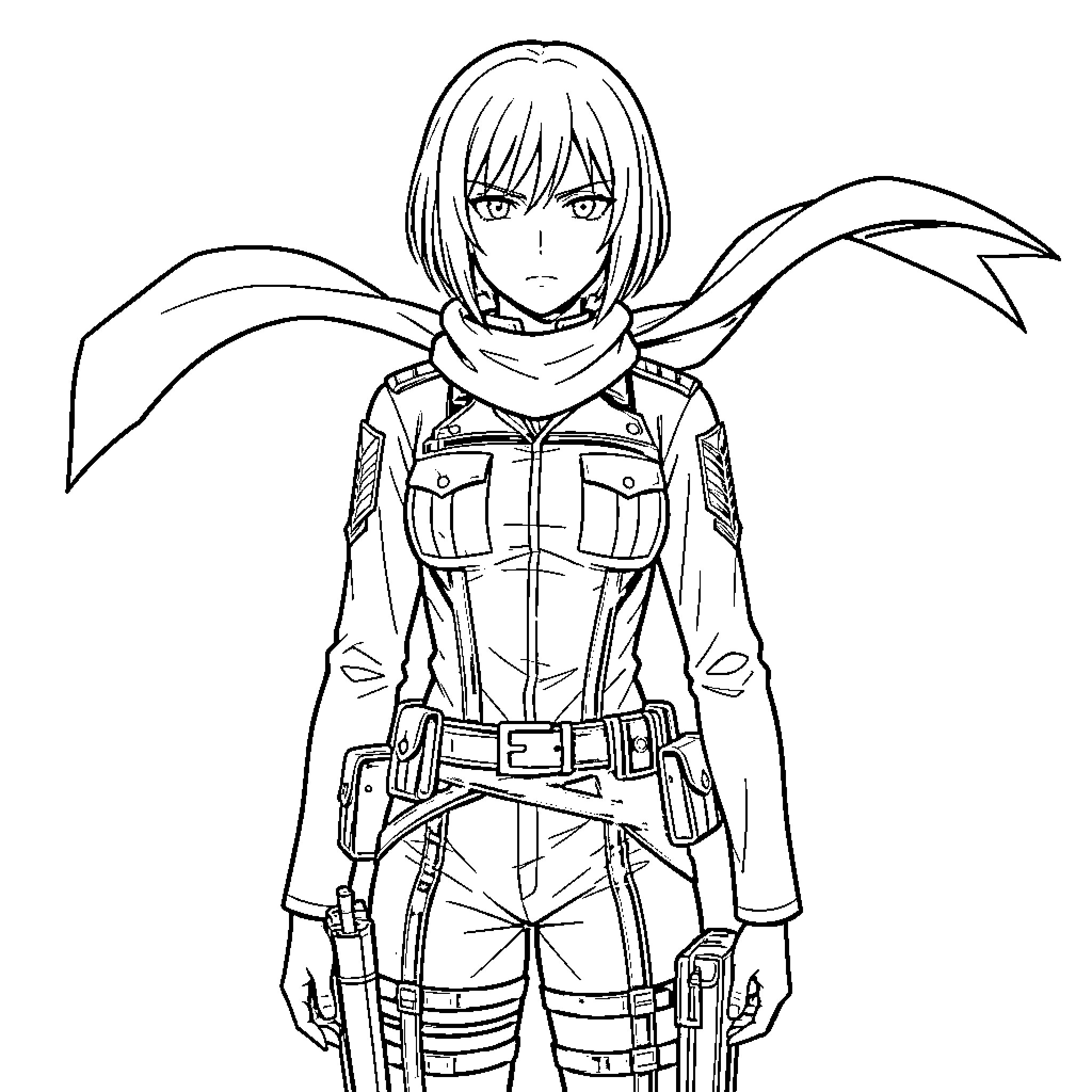 Mikasa in Heroic Battle Gear Coloring Page (free black-and-white line drawing printable PDF for all, from beginners to advanced learners, including children, teens, adults, and seniors)