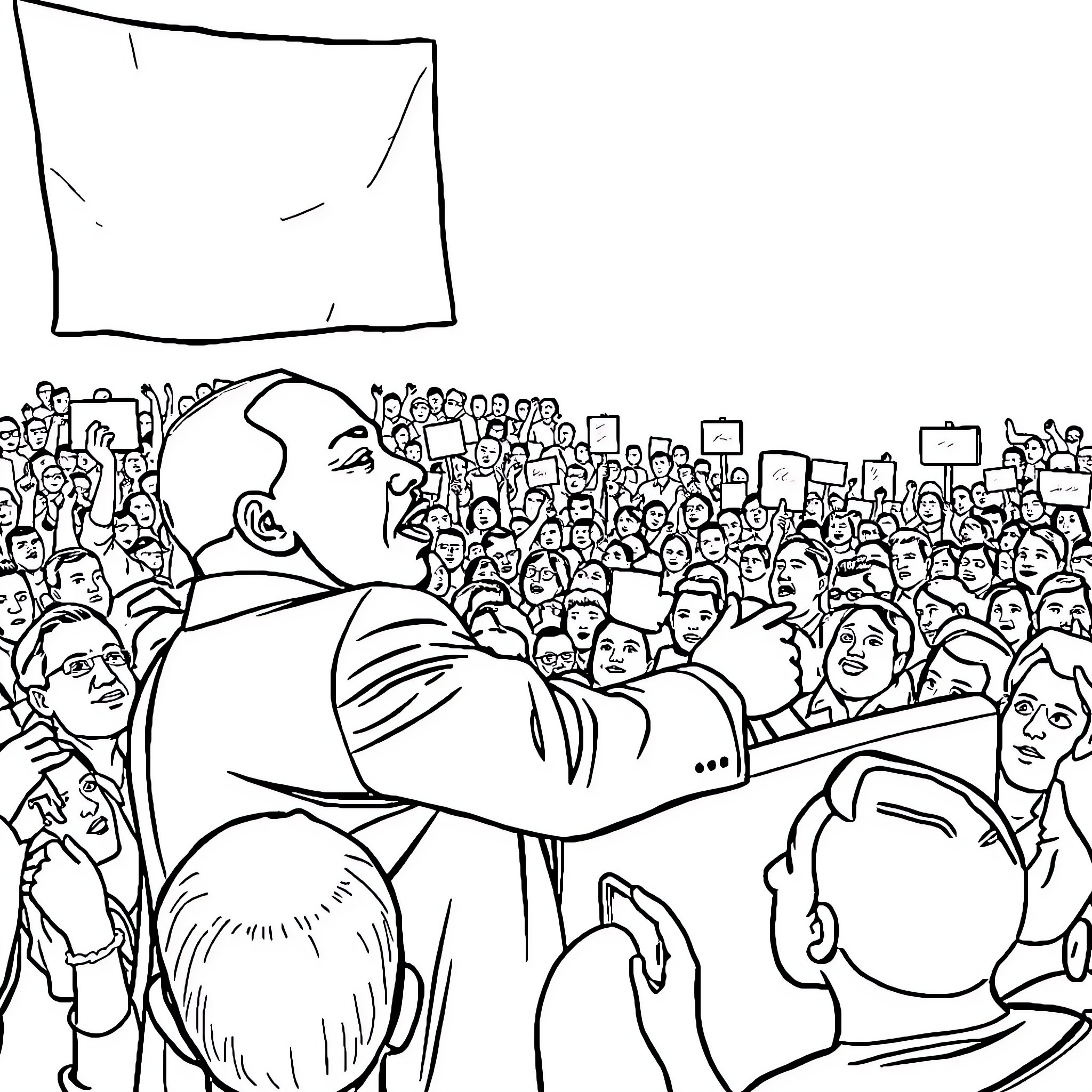 Martin Luther King Jr. Addressing Crowd at Civil Rights Rally Coloring Page (free black-and-white line drawing printable PDF for all, from beginners to advanced learners, including children, teens, adults, and seniors)