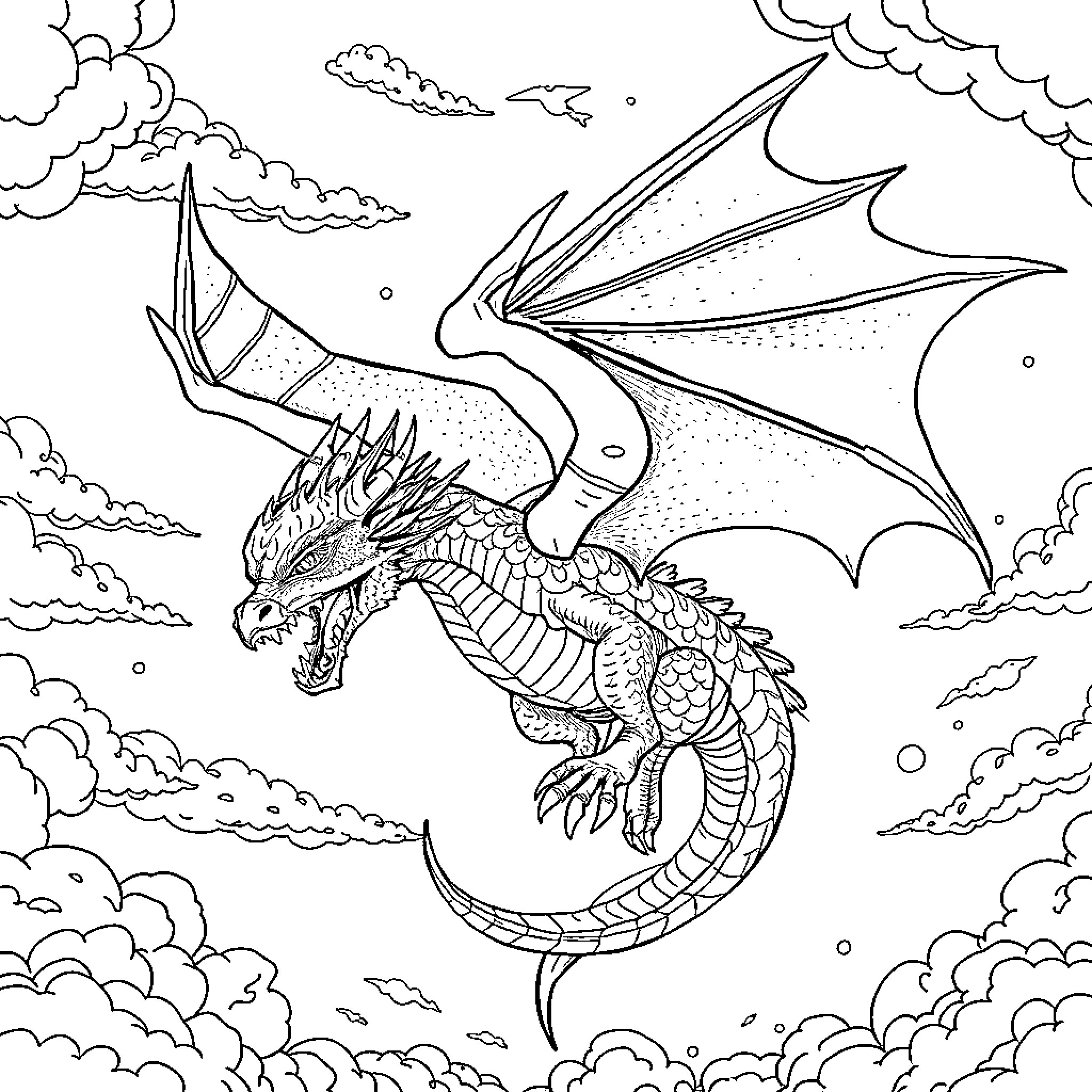 Dragon soaring through the cloudy skies Coloring Page (free black-and-white line drawing printable PDF for all, from beginners to advanced learners, including children, teens, adults, and seniors)