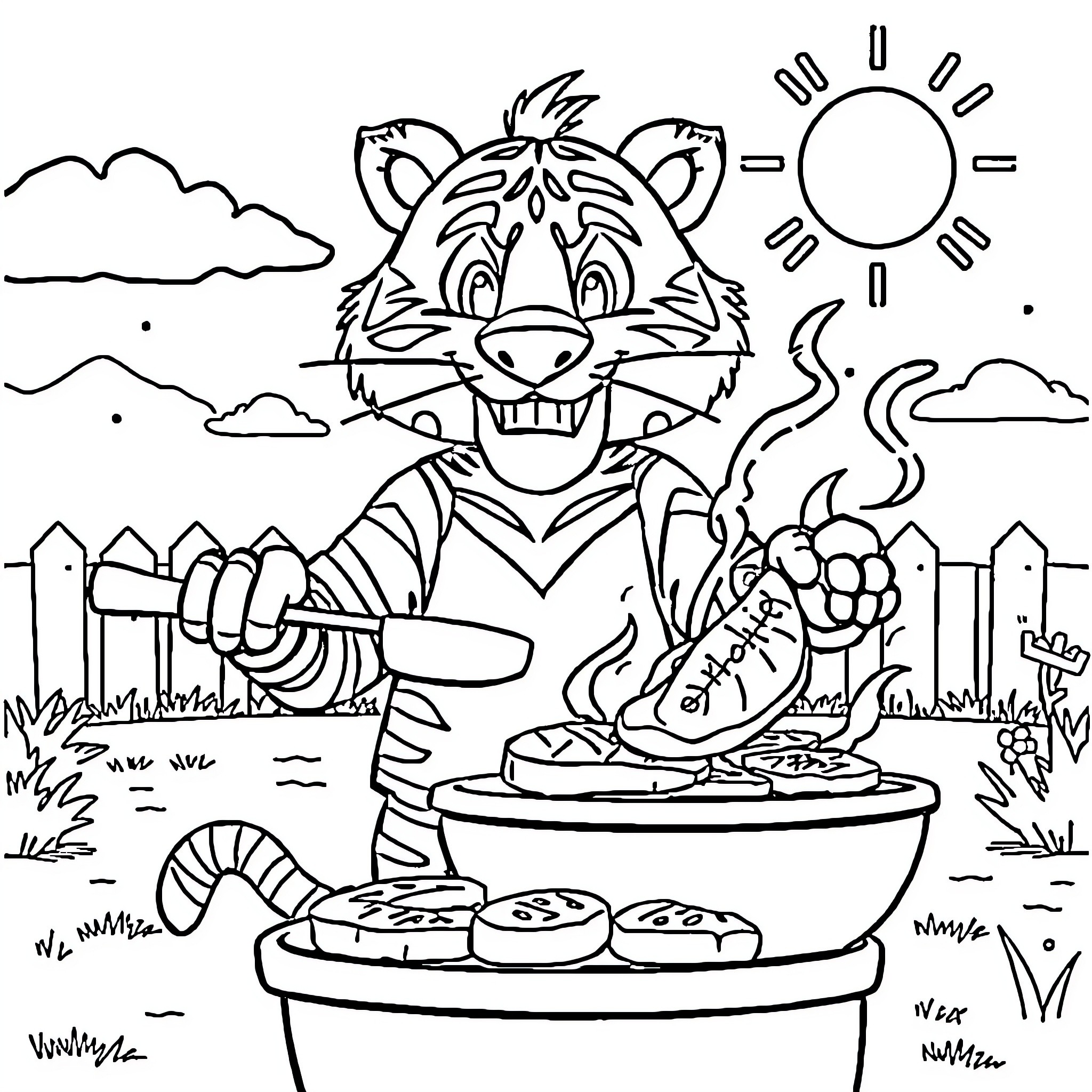 Tiger Cooking Delectable Treats Outdoors Coloring Page (free black-and-white line drawing printable PDF for all, from beginners to advanced learners, including children, teens, adults, and seniors)