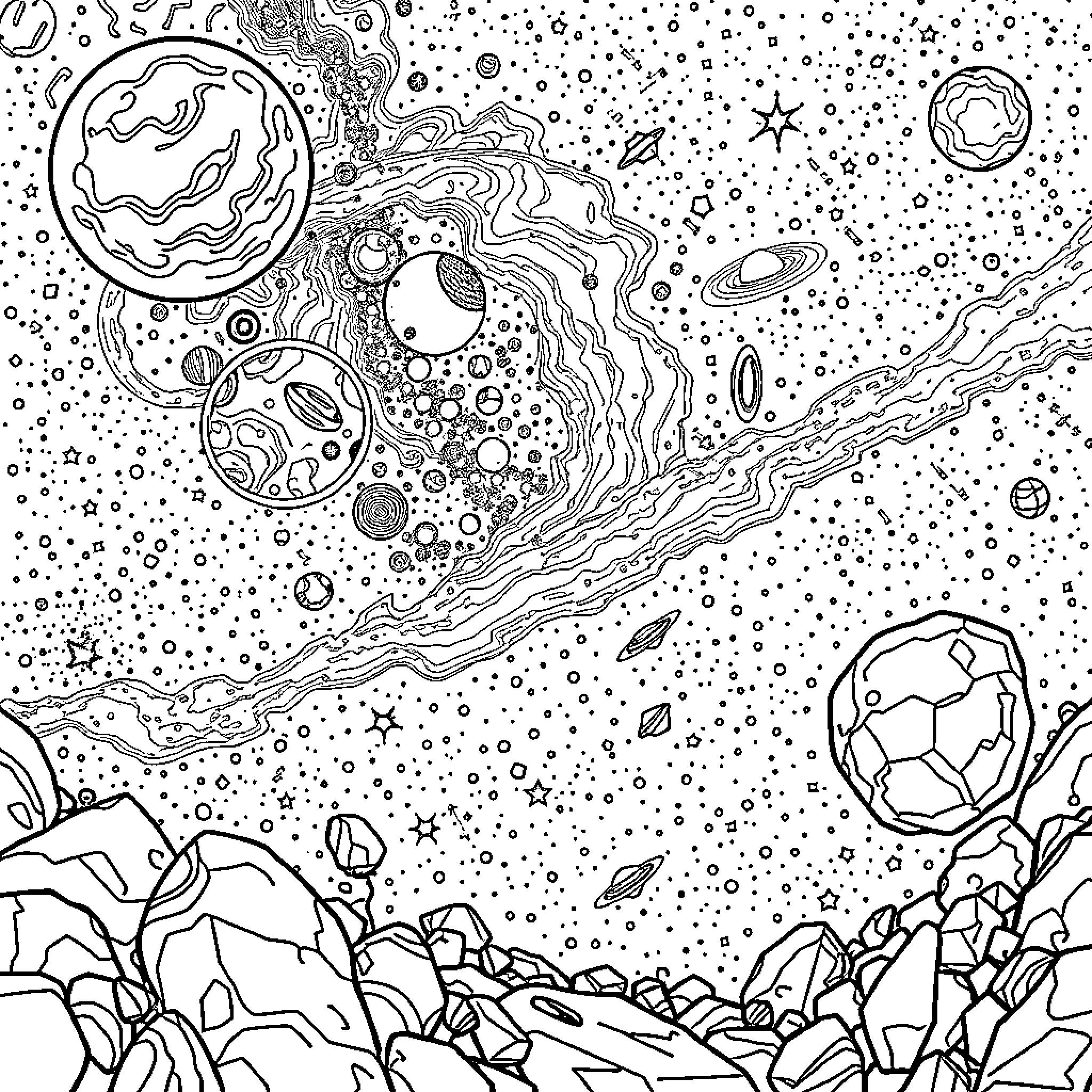 Space Exploration and Planetary Discovery Coloring Page (free black-and-white line drawing printable PDF for all, from beginners to advanced learners, including children, teens, adults, and seniors)