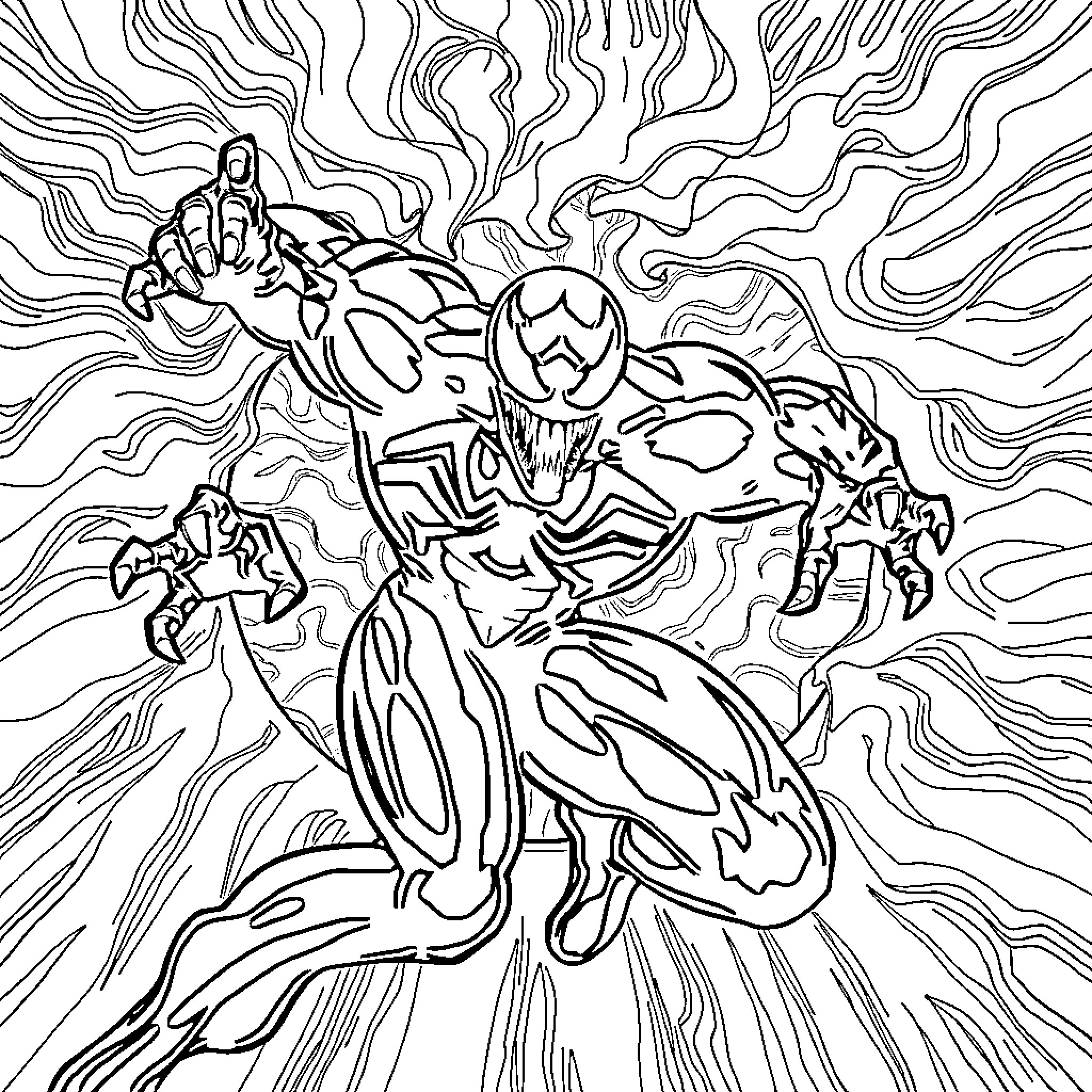 Venom unleashing his symbiotic power Coloring Page (free black-and-white line drawing printable PDF for all, from beginners to advanced learners, including children, teens, adults, and seniors)