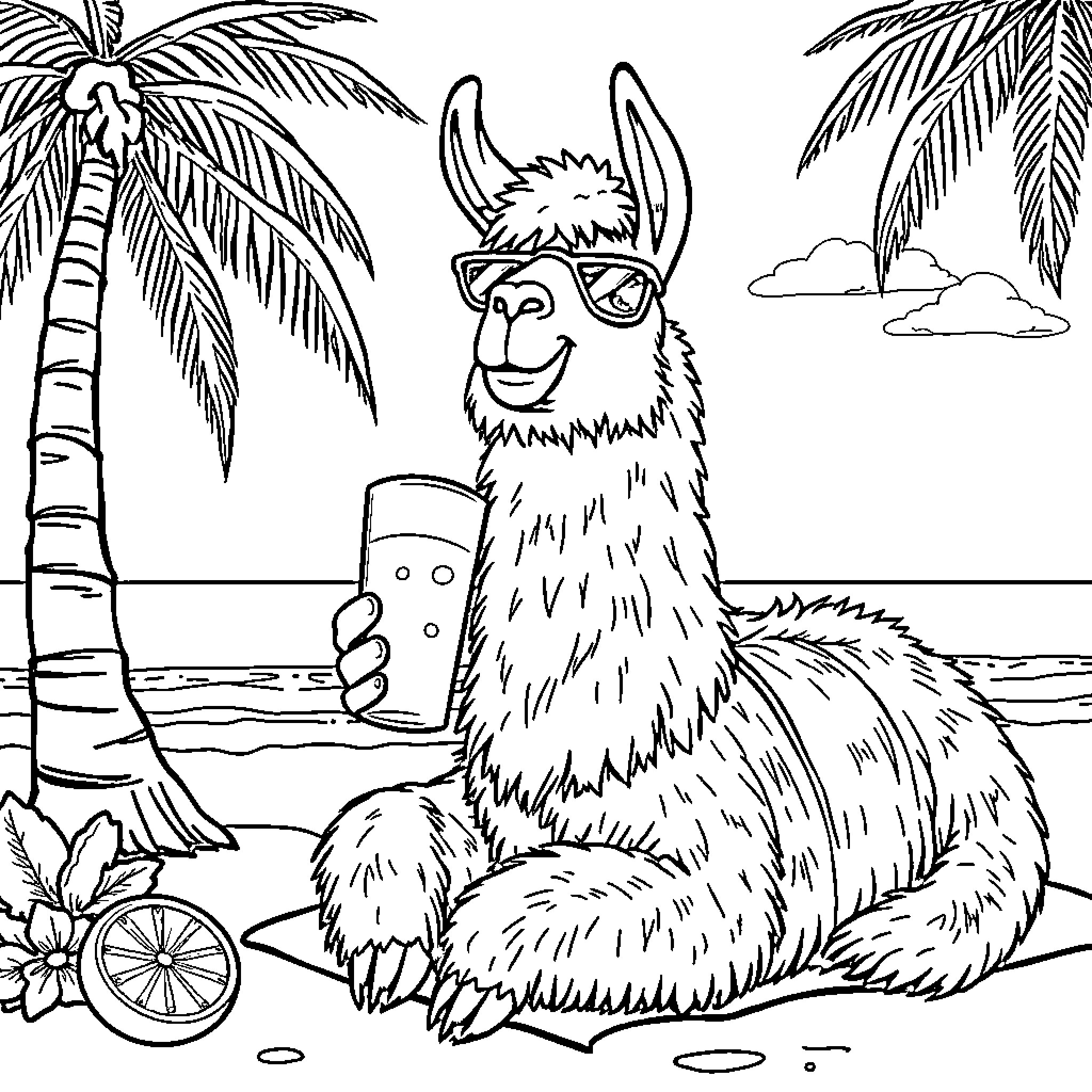 Llama relaxing on the beach with sunglasses Coloring Page (free black-and-white line drawing printable PDF for all, from beginners to advanced learners, including children, teens, adults, and seniors)