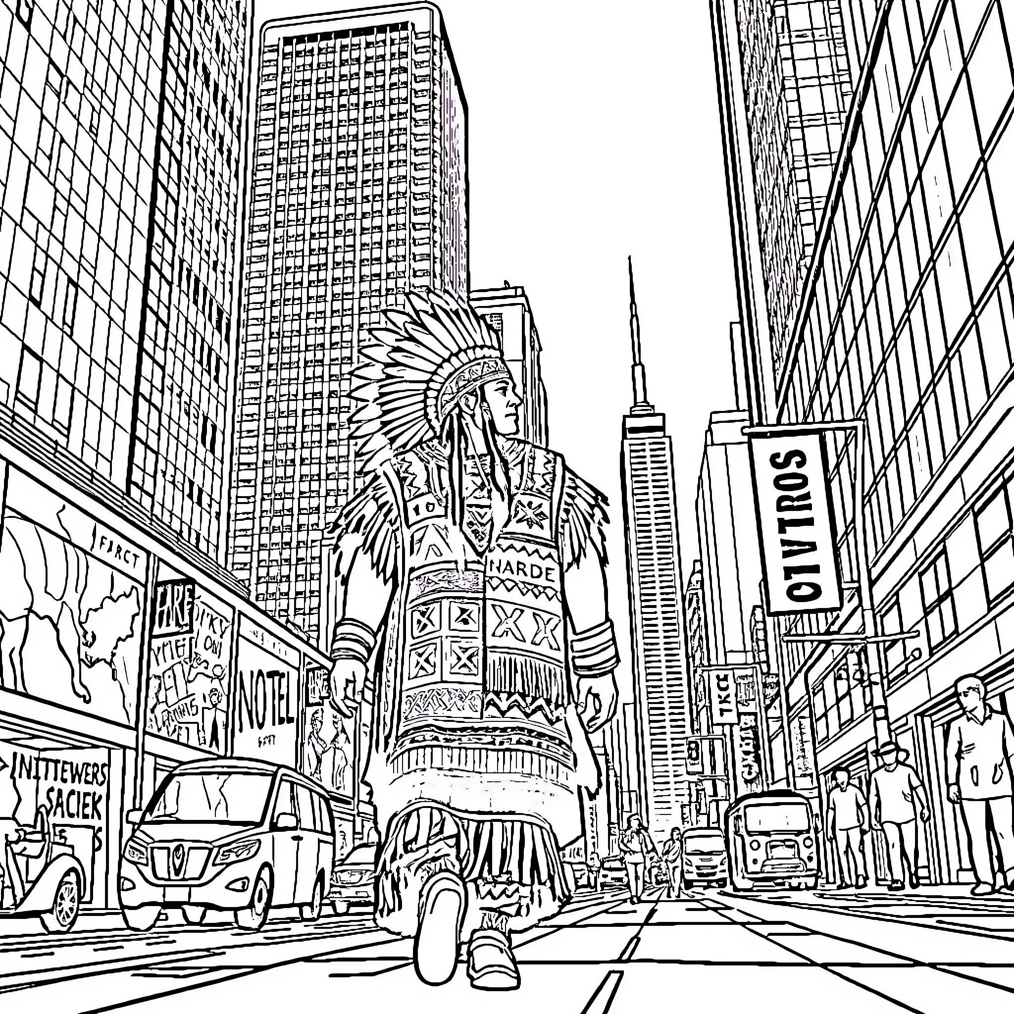 Indigenous People in a Bustling City Scene Coloring Page (free black-and-white line drawing printable PDF for all, from beginners to advanced learners, including children, teens, adults, and seniors)