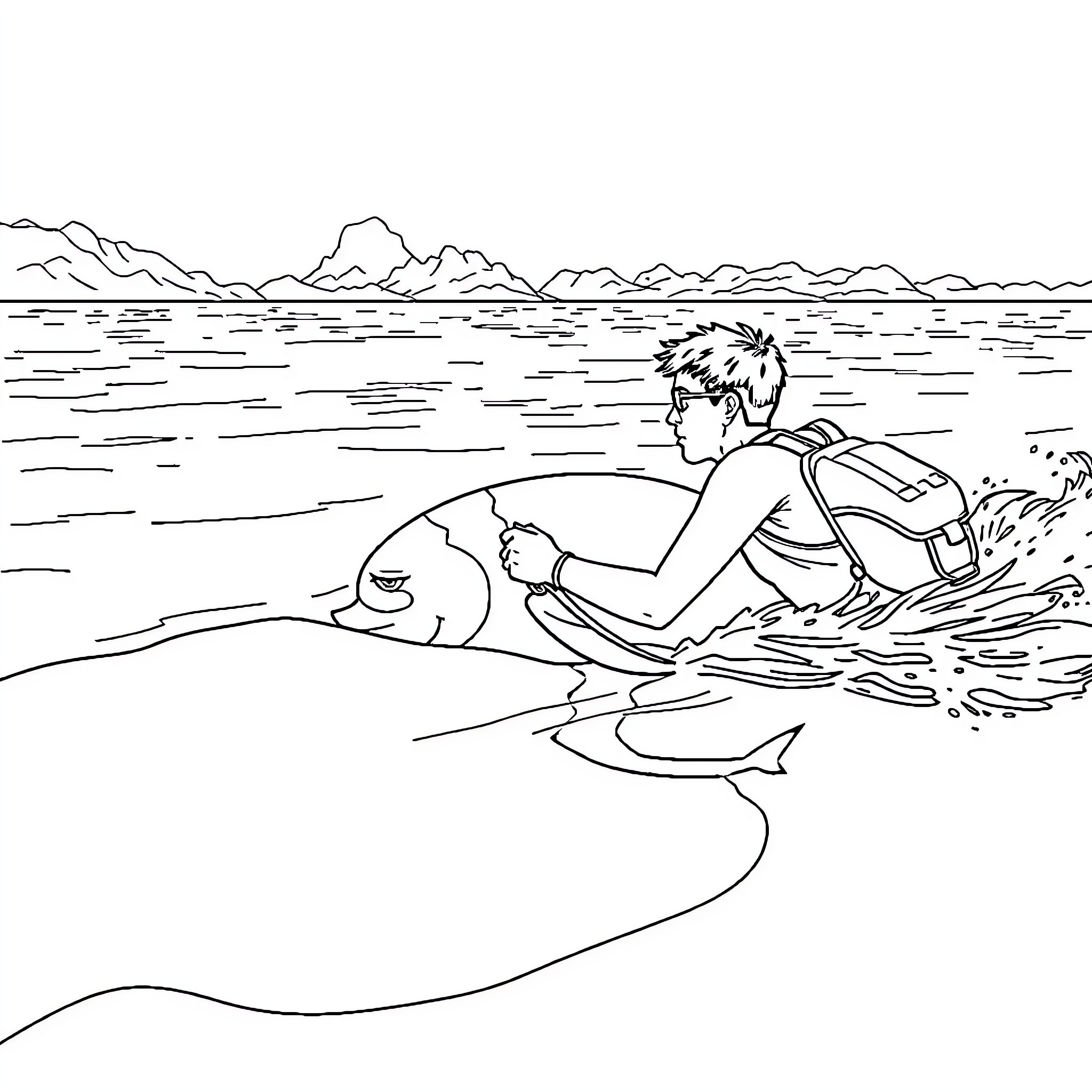 Triathlete swimming in open water with mountain landscape Coloring Page (free black-and-white line drawing printable PDF for all, from beginners to advanced learners, including children, teens, adults, and seniors)
