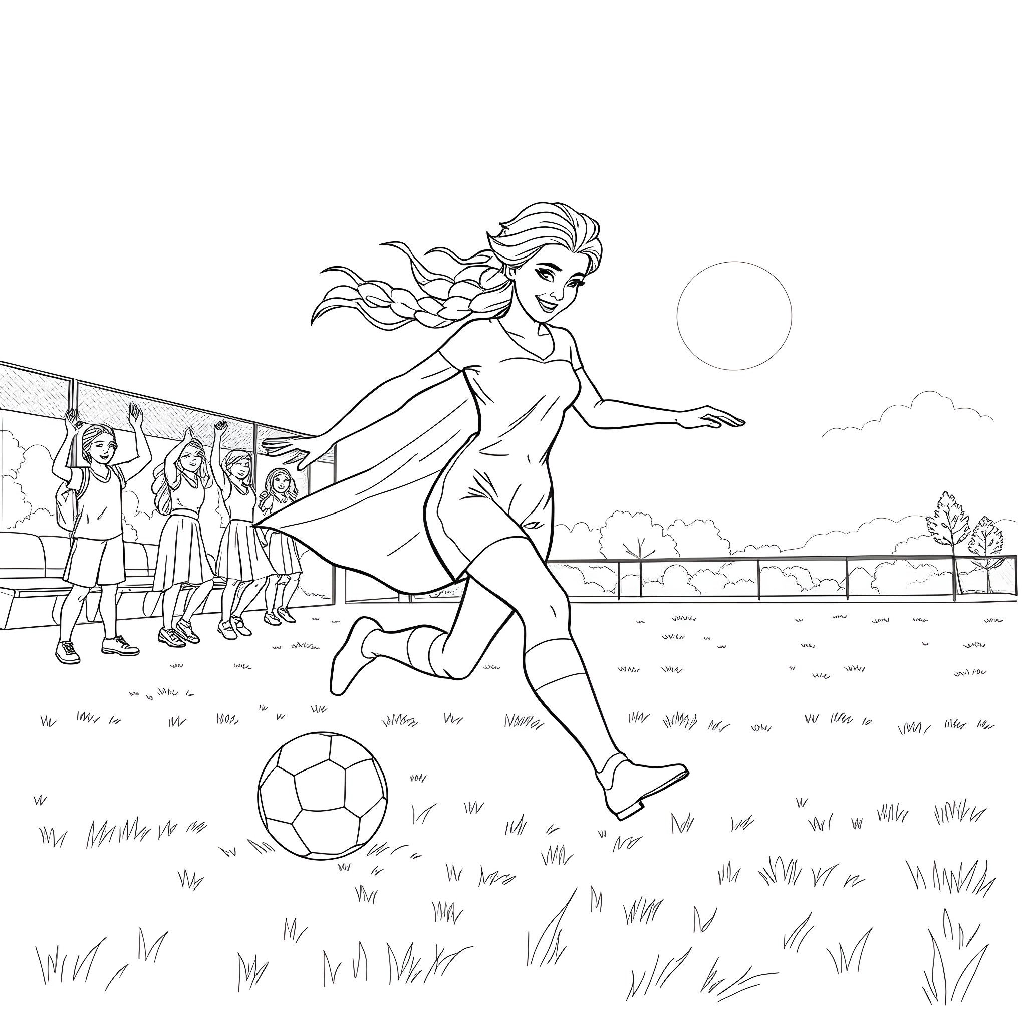 Elsa playing soccer happily with friends Coloring Page (free black-and-white line drawing printable PDF for all, from beginners to advanced learners, including children, teens, adults, and seniors)