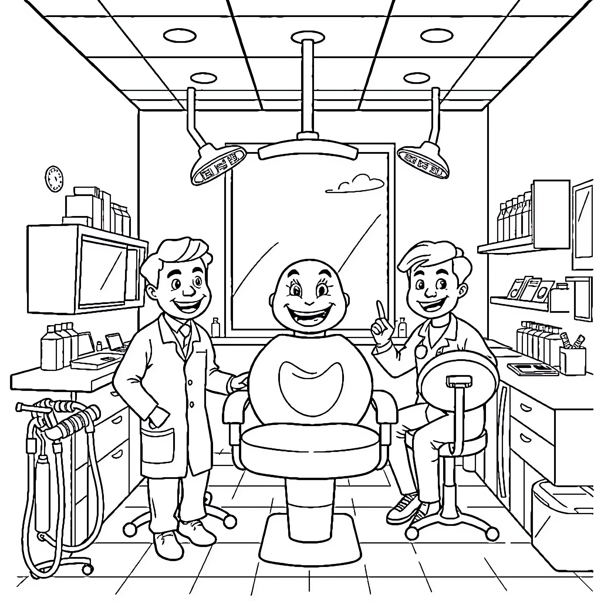 Dental Cabinet: Smiling Dentists and Happy Patient Coloring Page (free black-and-white line drawing printable PDF for all, from beginners to advanced learners, including children, teens, adults, and seniors)