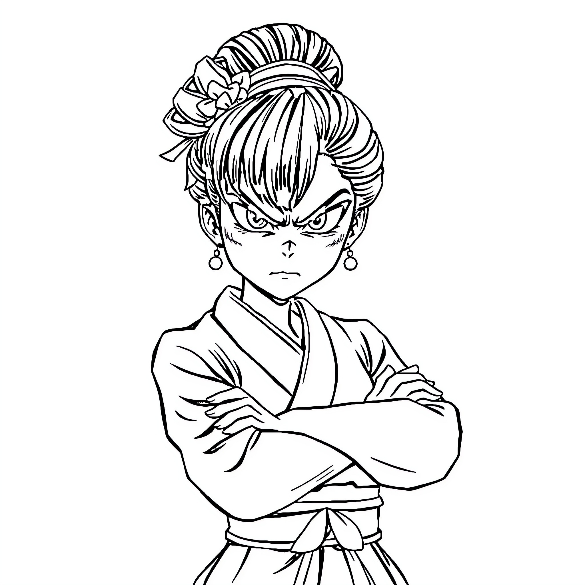 Lady in Traditional Japanese Attire with Stern Expression Coloring Page (free black-and-white line drawing printable PDF for all, from beginners to advanced learners, including children, teens, adults, and seniors)