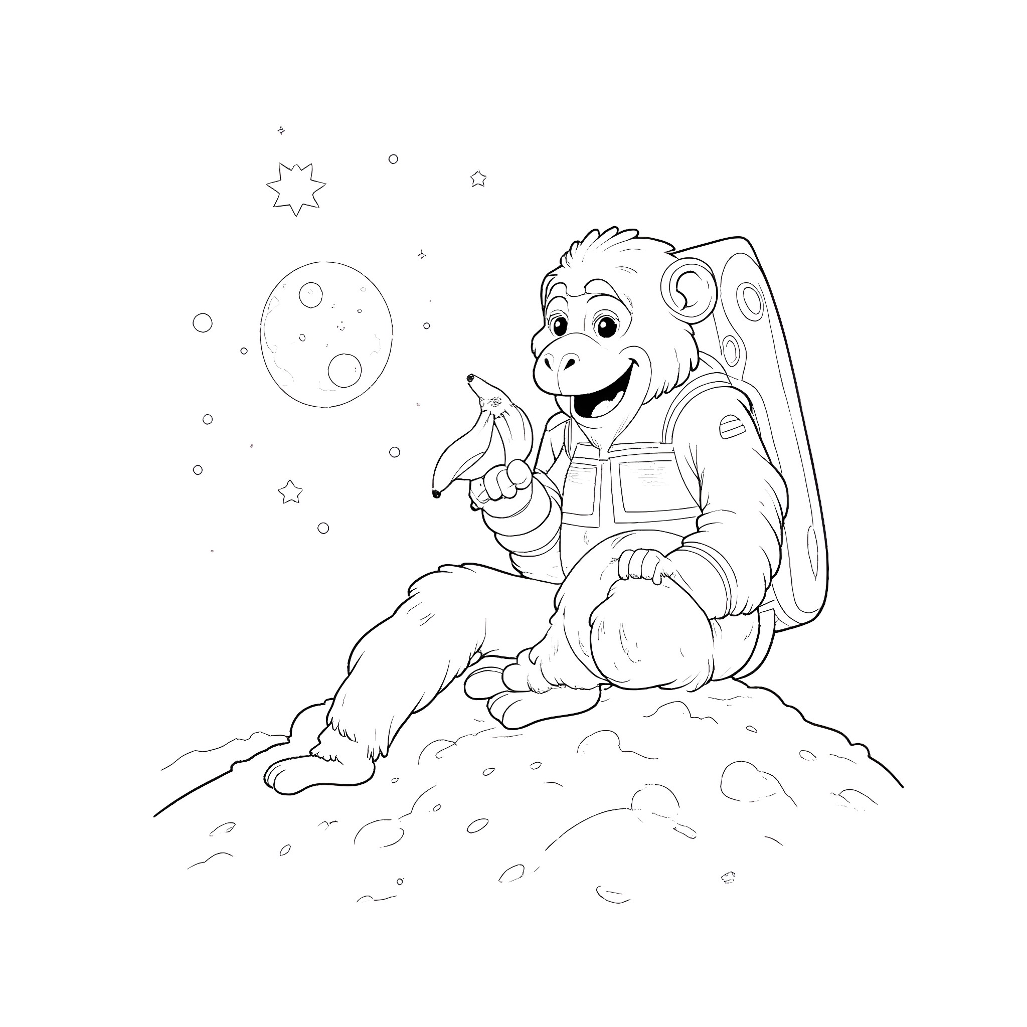 Baboon astronaut exploring the moon Coloring Page (free black-and-white line drawing printable PDF for all, from beginners to advanced learners, including children, teens, adults, and seniors)