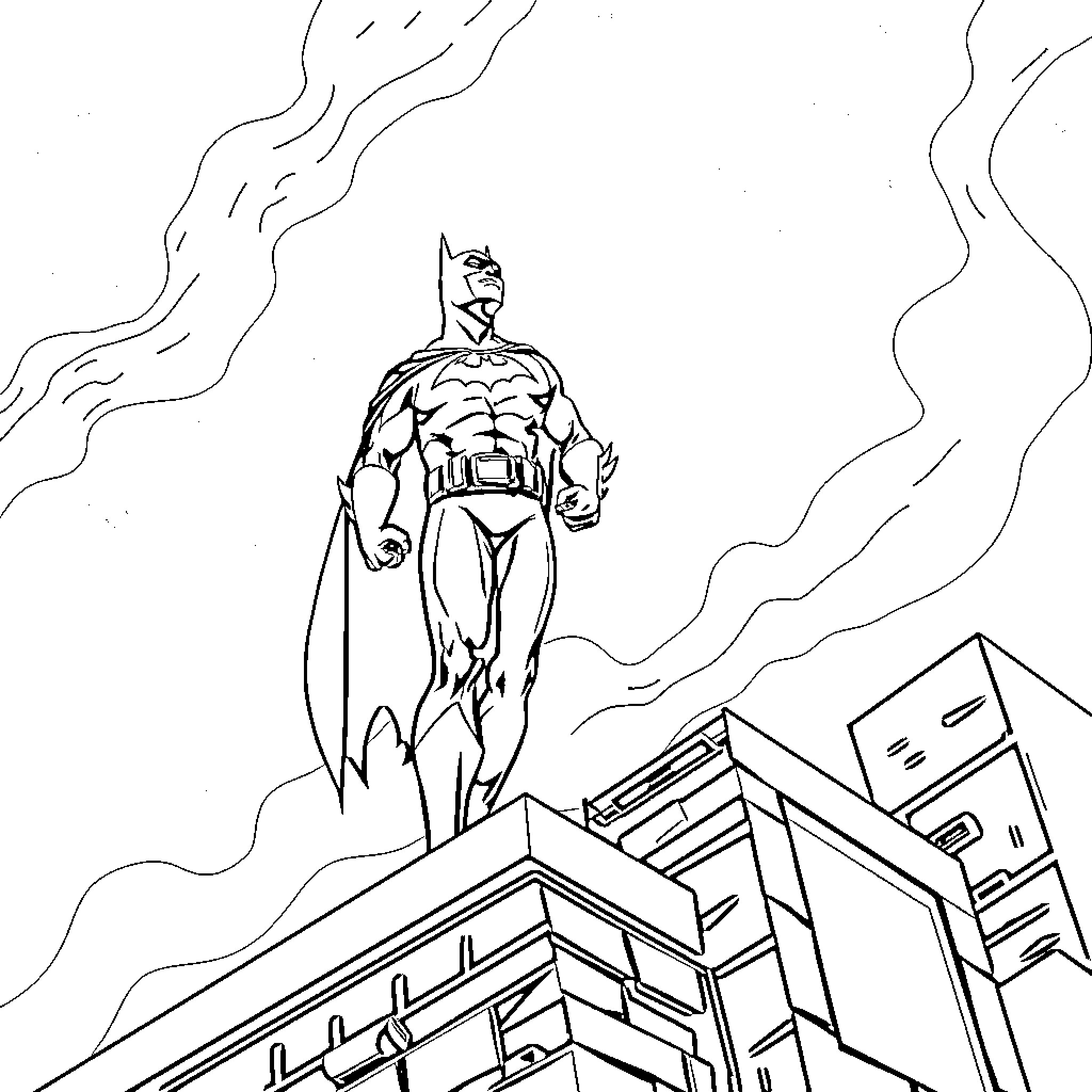 Batman standing heroically over the city Coloring Page (free black-and-white line drawing printable PDF for all, from beginners to advanced learners, including children, teens, adults, and seniors)