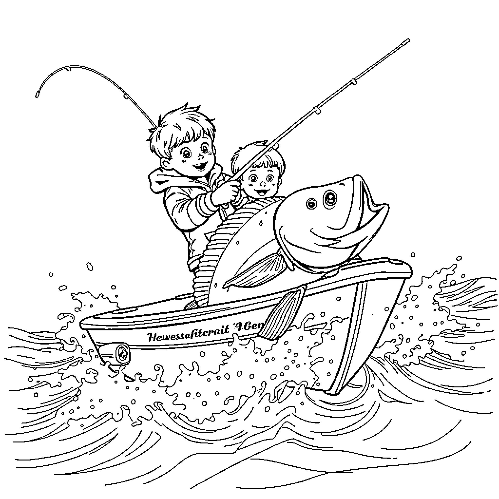 Boy and friend fishing in the boat Coloring Page (free black-and-white line drawing printable PDF for all, from beginners to advanced learners, including children, teens, adults, and seniors)