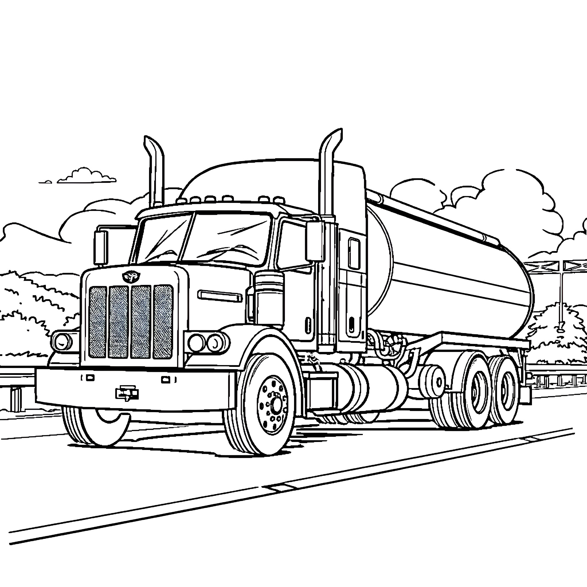 Fuel Truck Transporting Liquid on the Highway Coloring Page (free black-and-white line drawing printable PDF for all, from beginners to advanced learners, including children, teens, adults, and seniors)