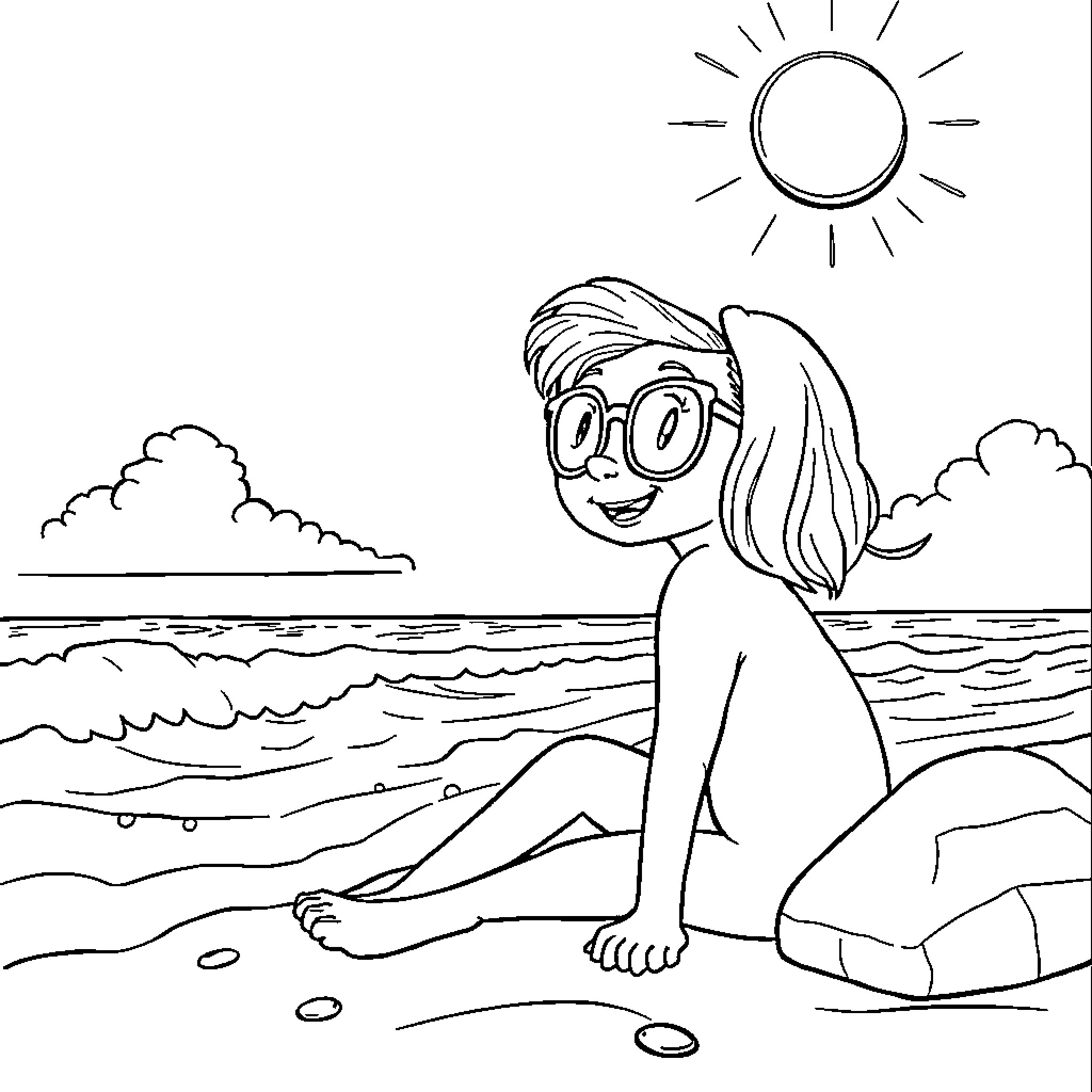 Gabby enjoys a sunny day at the beach Coloring Page (free black-and-white line drawing printable PDF for all, from beginners to advanced learners, including children, teens, adults, and seniors)