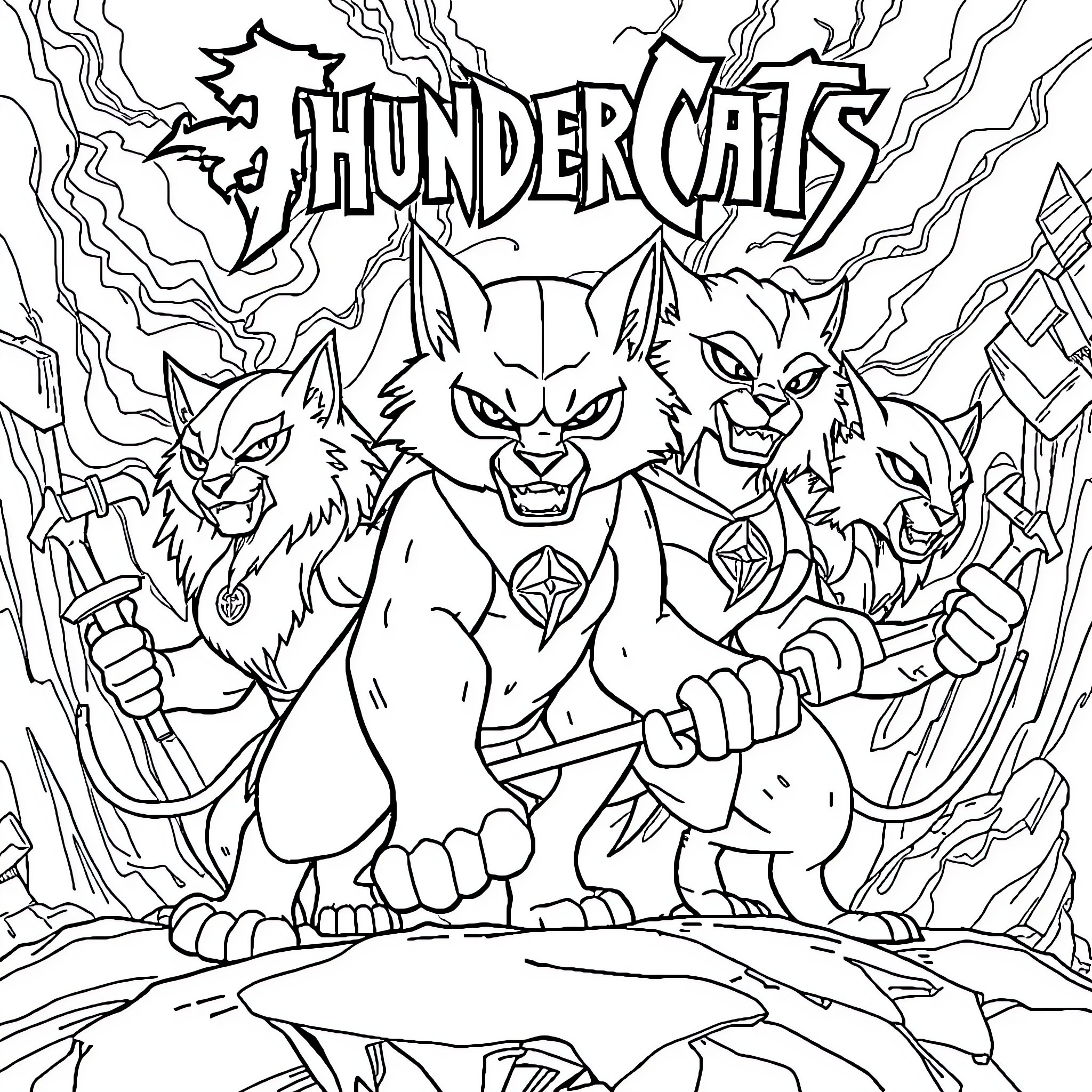 Thundercats battling with fierce expressions Coloring Page (free black-and-white line drawing printable PDF for all, from beginners to advanced learners, including children, teens, adults, and seniors)