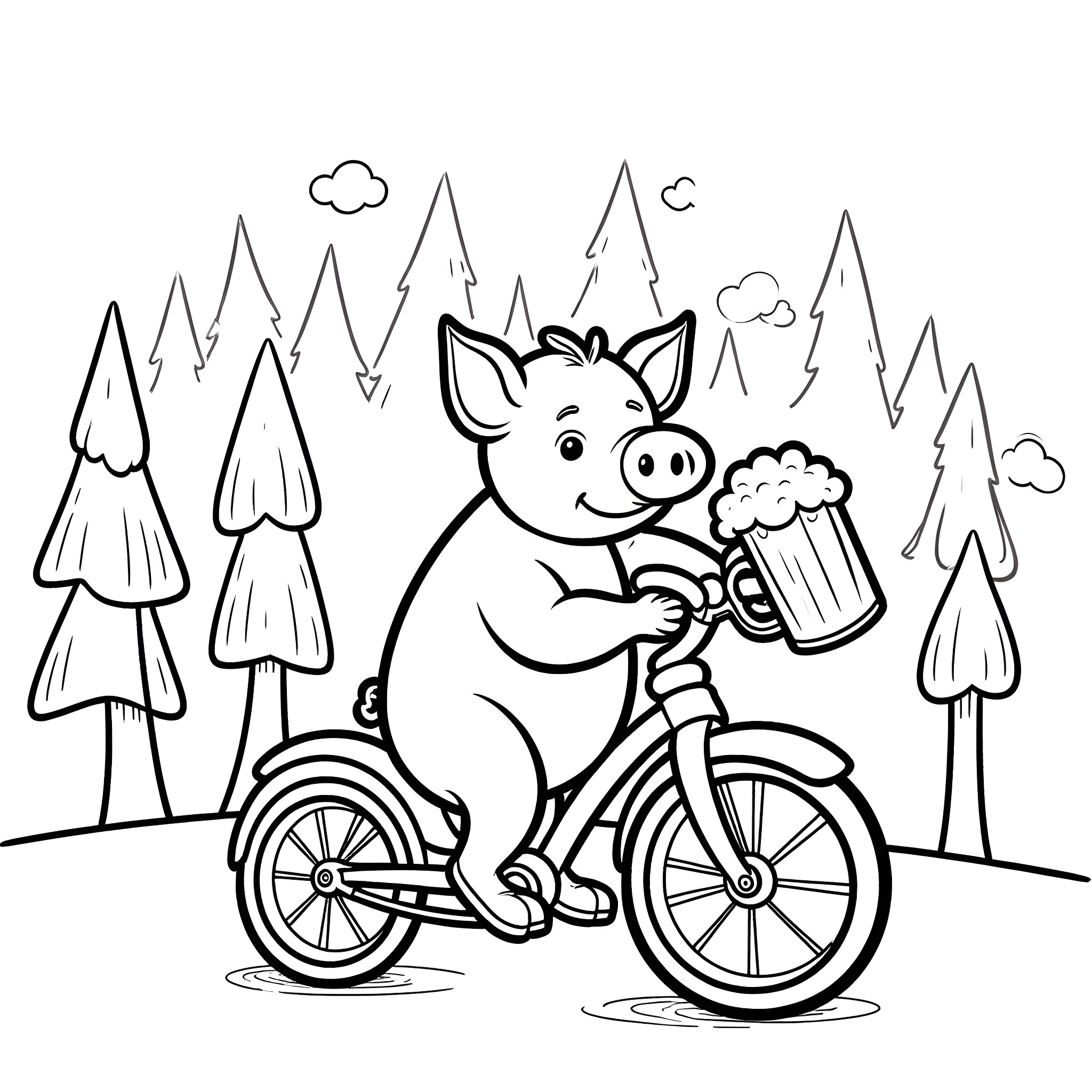 Pig riding a bicycle and carrying a beer mug in the forest Coloring Page (free black-and-white line drawing printable PDF for all, from beginners to advanced learners, including children, teens, adults, and seniors)