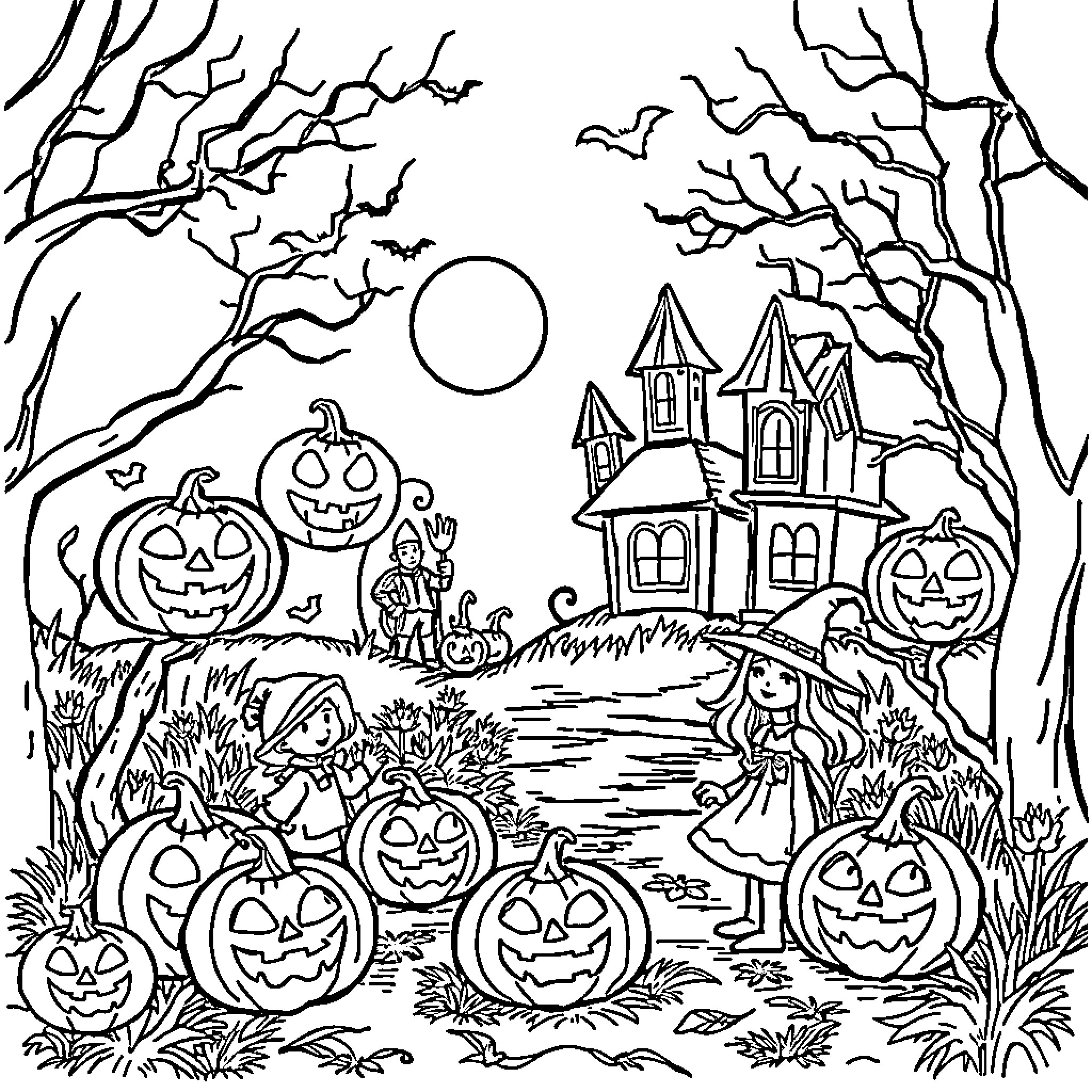 Halloween scene with pumpkins, haunted house, and costumed characters Coloring Page (free black-and-white line drawing printable PDF for all, from beginners to advanced learners, including children, teens, adults, and seniors)