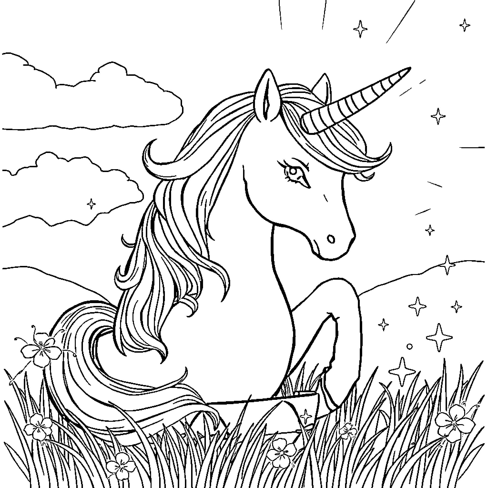 Unicorn standing gracefully in a magical field Coloring Page (free black-and-white line drawing printable PDF for all, from beginners to advanced learners, including children, teens, adults, and seniors)