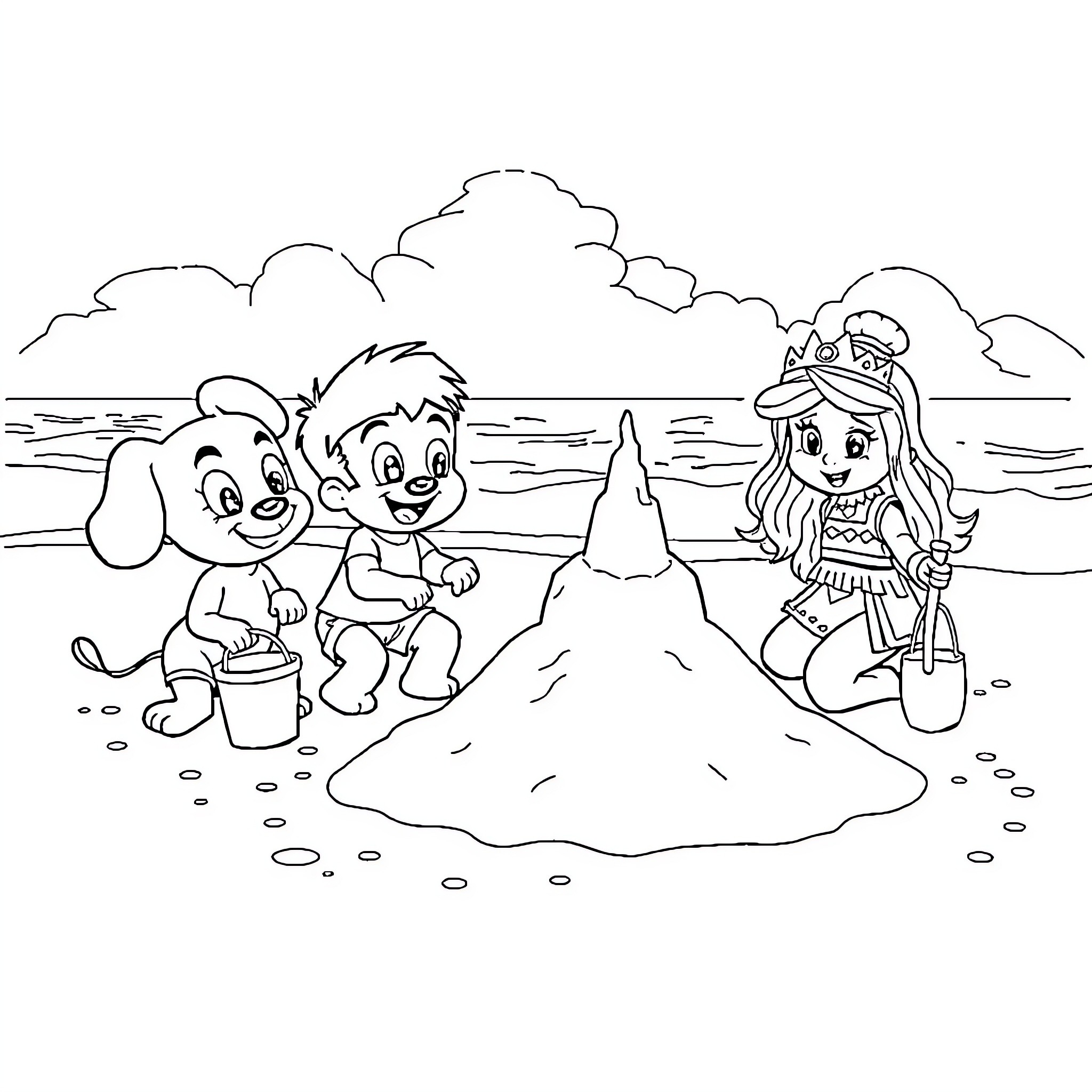 Bluey and friends building a sandcastle at the beach Coloring Page (free black-and-white line drawing printable PDF for all, from beginners to advanced learners, including children, teens, adults, and seniors)