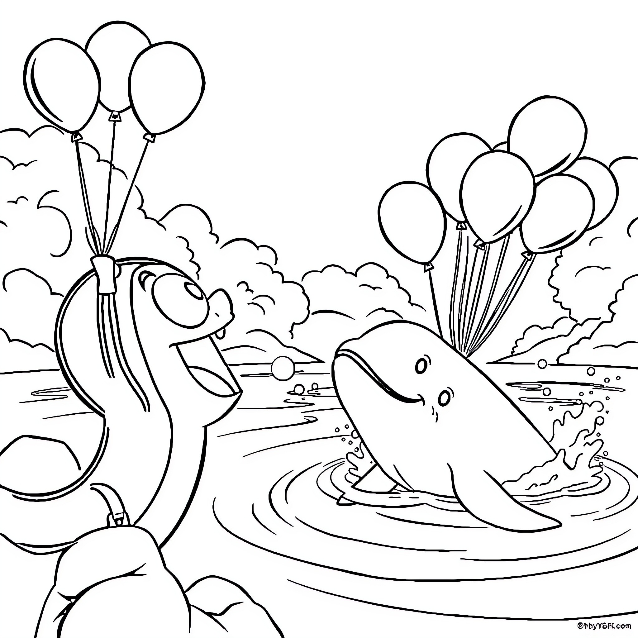 Invader Zim's Balloon-Powered Aquatic Adventures Coloring Page (free black-and-white line drawing printable PDF for all, from beginners to advanced learners, including children, teens, adults, and seniors)