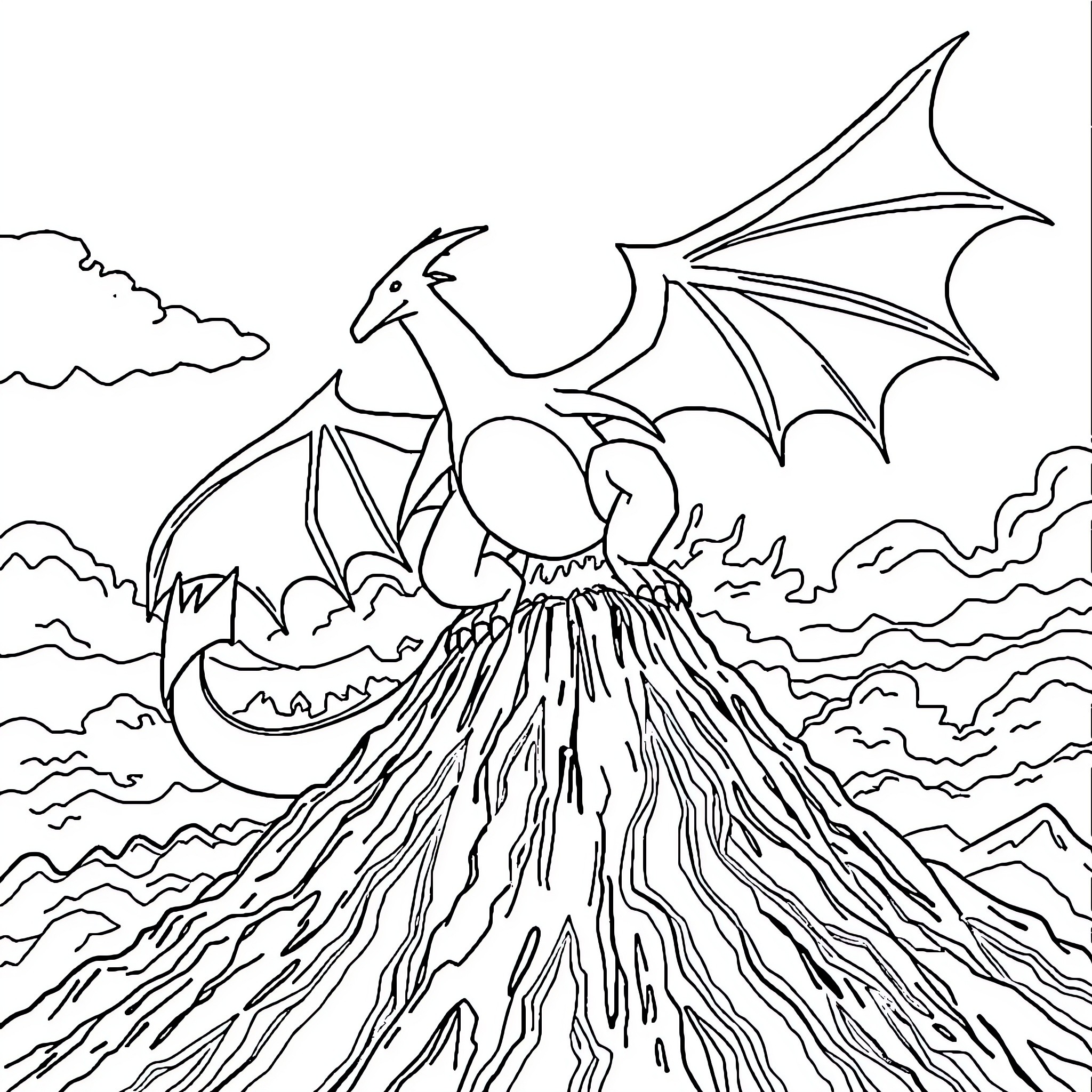 Charizard emerging from a volcanic eruption Coloring Page (free black-and-white line drawing printable PDF for all, from beginners to advanced learners, including children, teens, adults, and seniors)