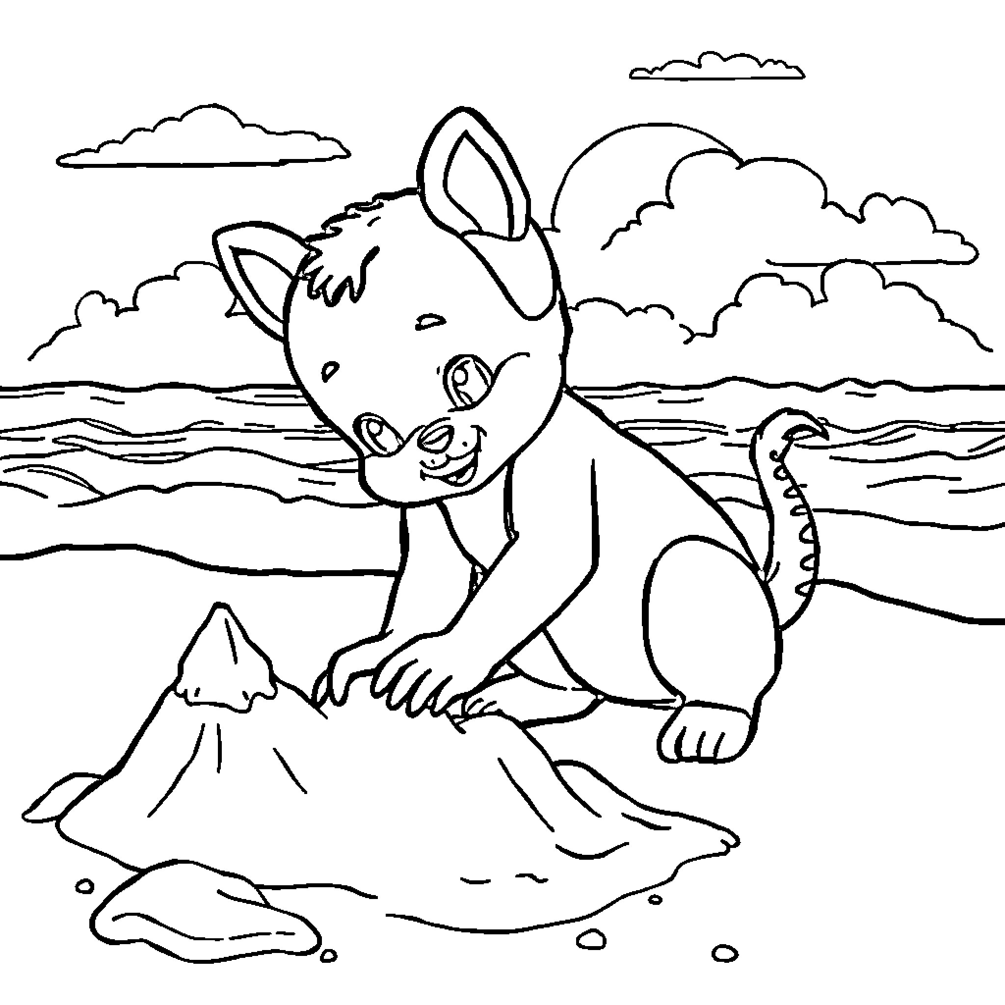 Tchoupi enjoying the beach scenery Coloring Page (free black-and-white line drawing printable PDF for all, from beginners to advanced learners, including children, teens, adults, and seniors)