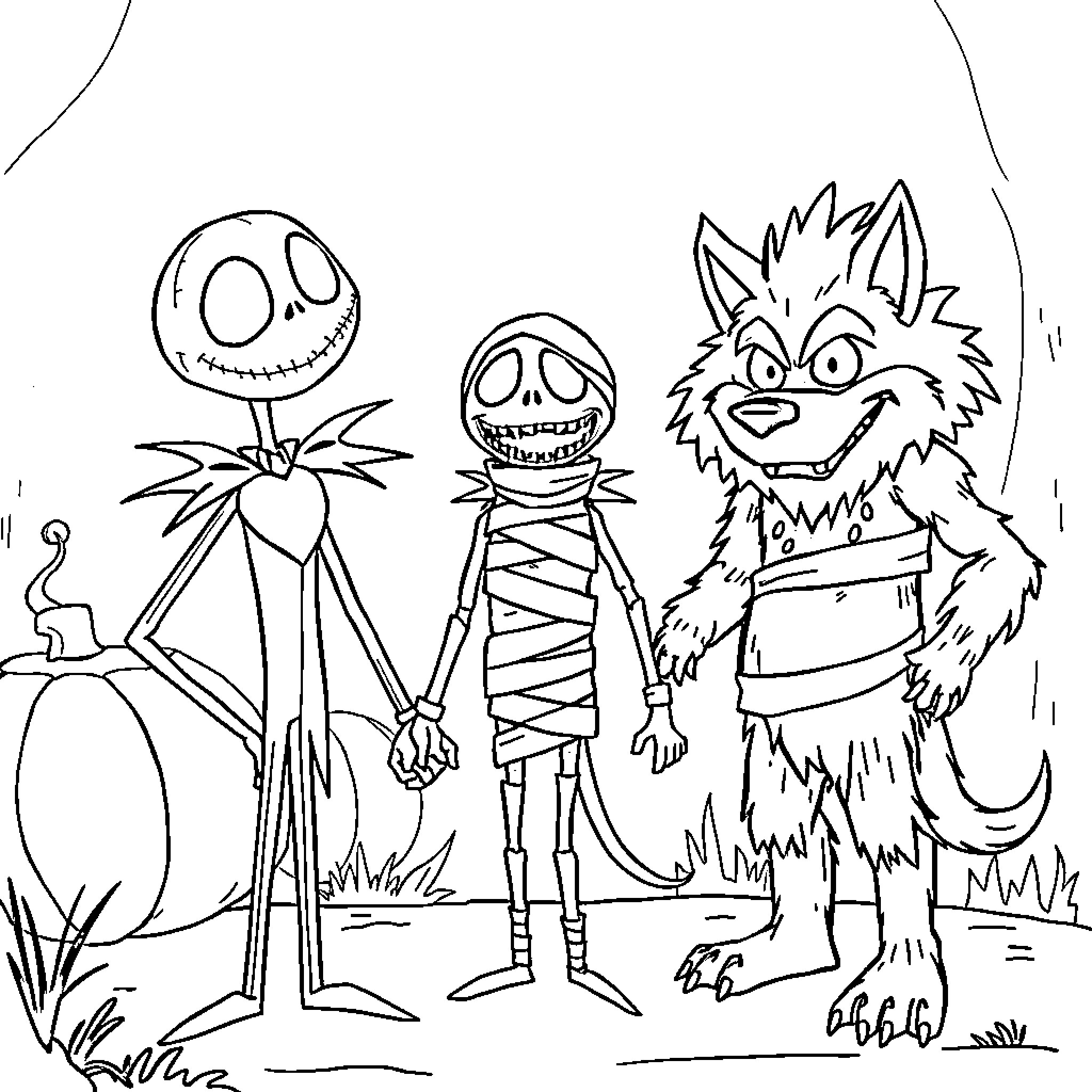 Jack Skellington and friends in spooky scene Coloring Page (free black-and-white line drawing printable PDF for all, from beginners to advanced learners, including children, teens, adults, and seniors)