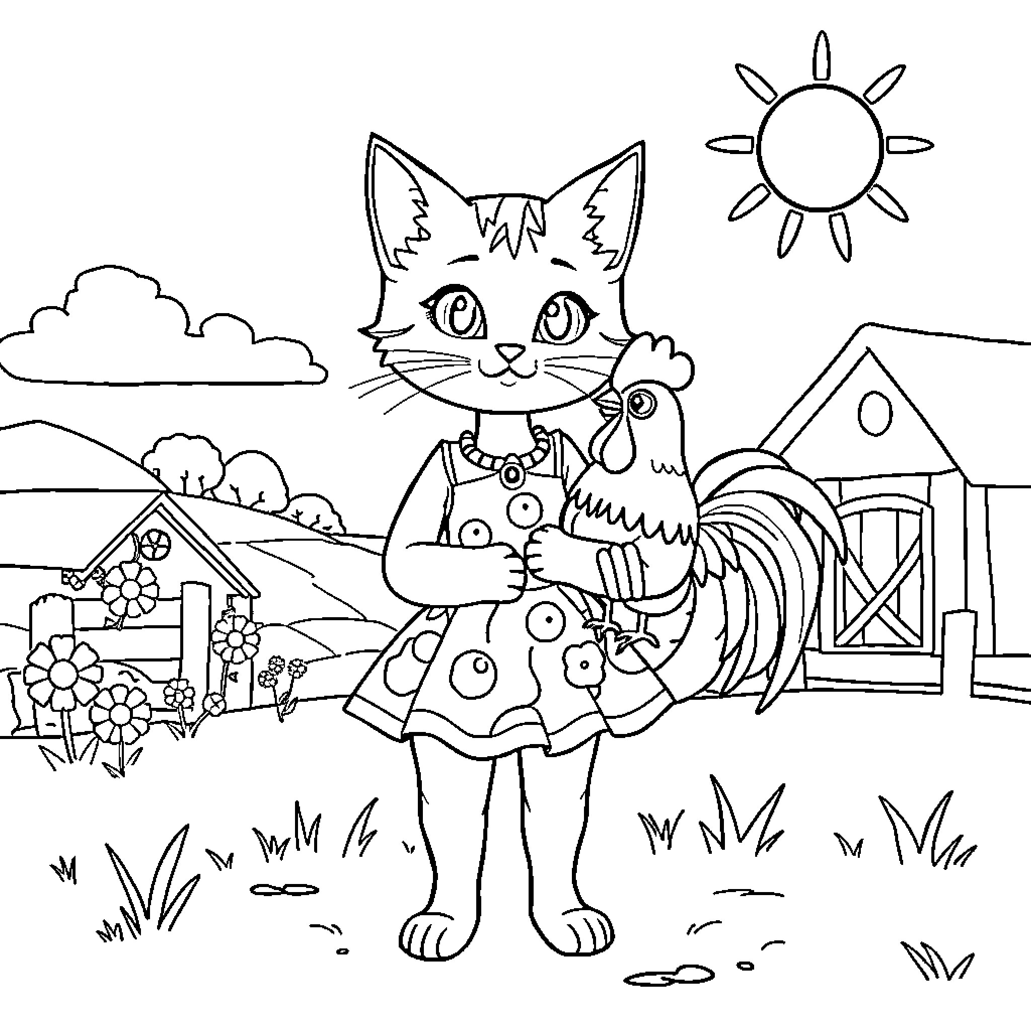 Cat in a dress holding a rooster in the countryside Coloring Page (free black-and-white line drawing printable PDF for all, from beginners to advanced learners, including children, teens, adults, and seniors)