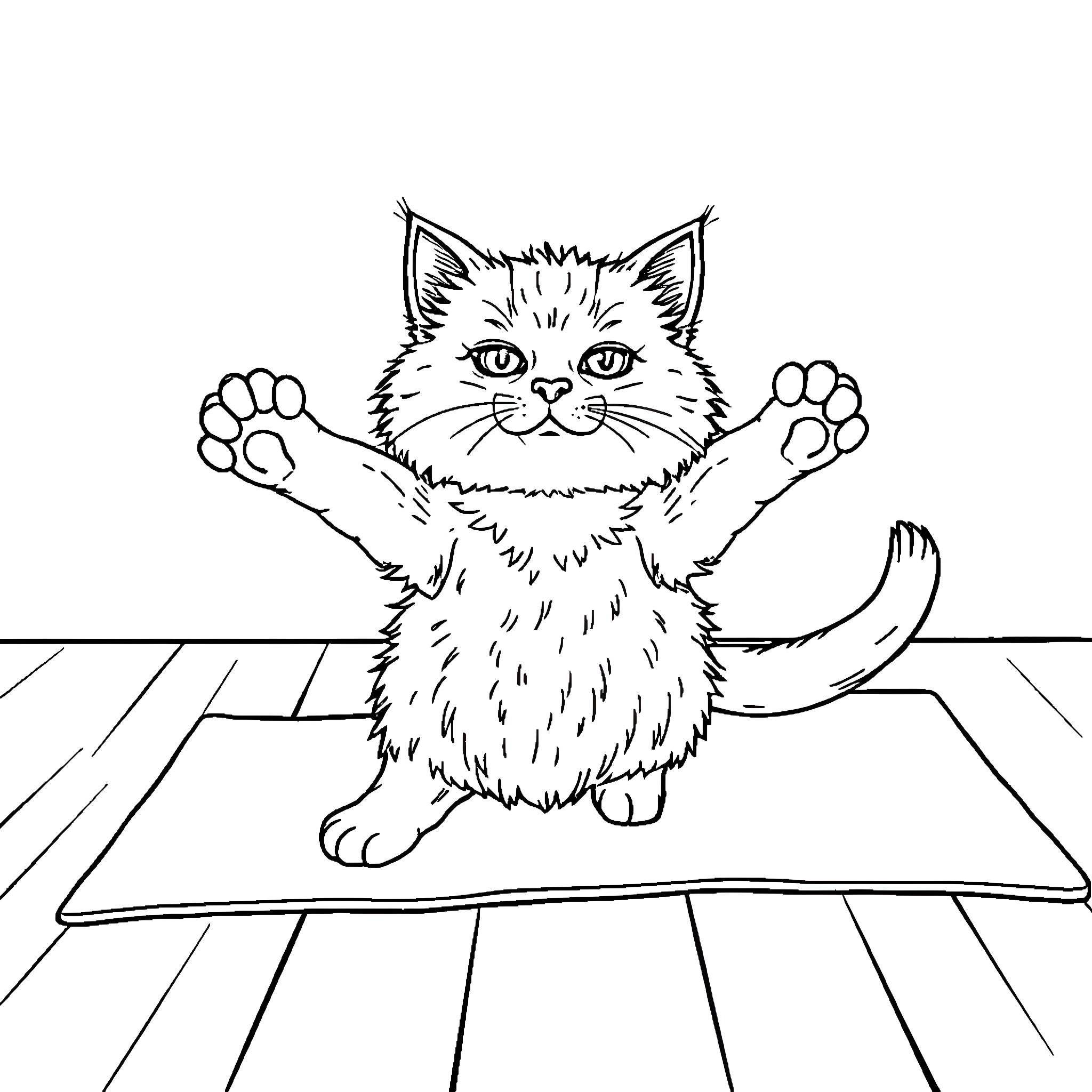 Cat stretching on a mat Coloring Page (free black-and-white line drawing printable PDF for all, from beginners to advanced learners, including children, teens, adults, and seniors)