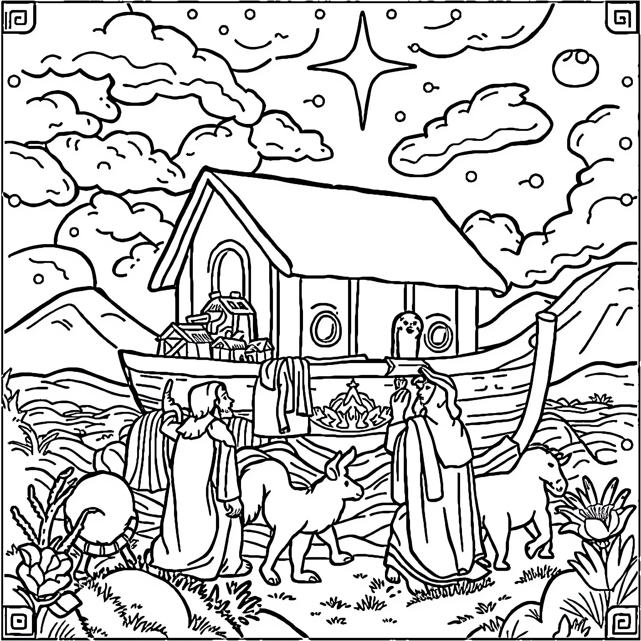Noah's Ark Amid the Flood and Animals Coloring Page (free black-and-white line drawing printable PDF for all, from beginners to advanced learners, including children, teens, adults, and seniors)