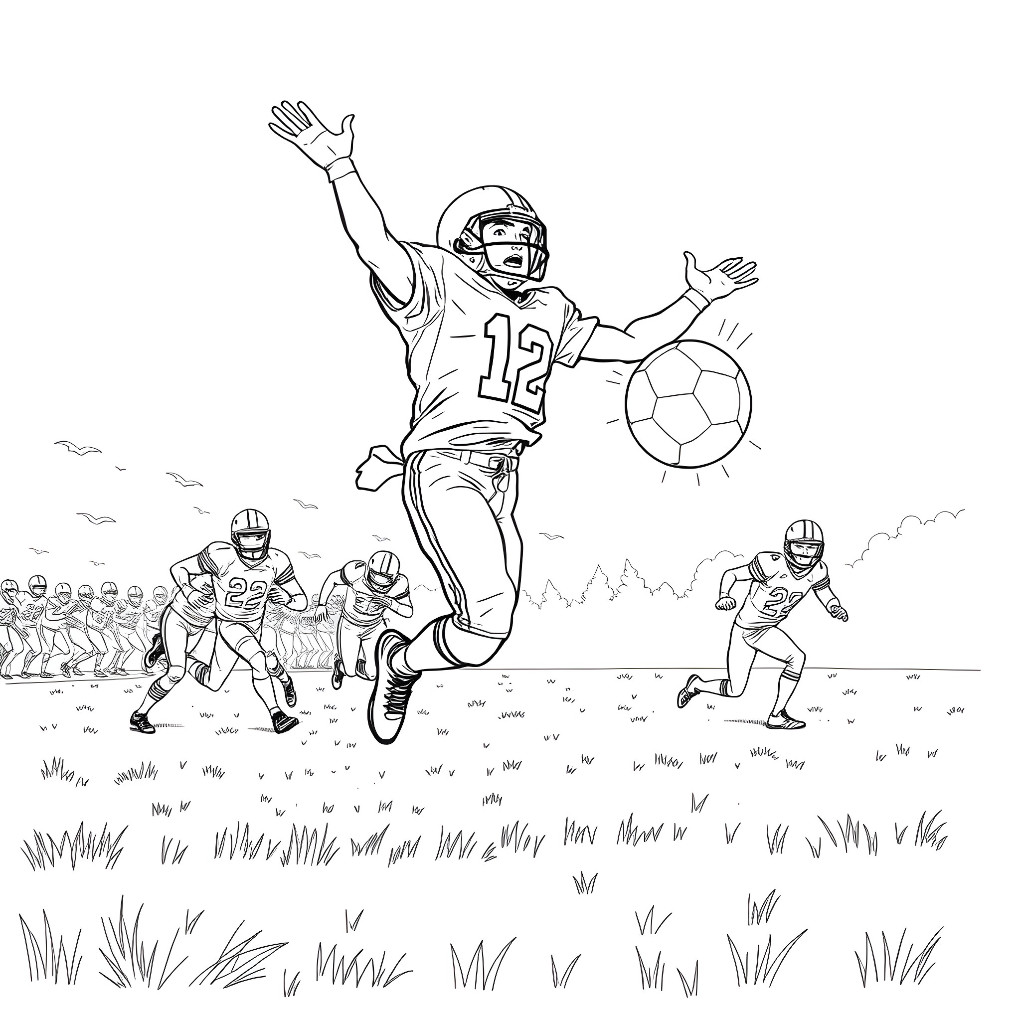 Football Player Celebrating Touchdown on the Field Coloring Page (free black-and-white line drawing printable PDF for all, from beginners to advanced learners, including children, teens, adults, and seniors)