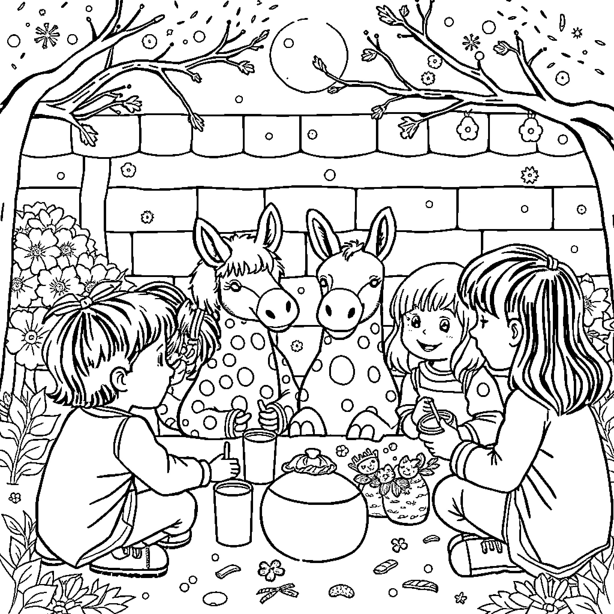 Season of Cheerful Friendship and Playfulness Coloring Page (free black-and-white line drawing printable PDF for all, from beginners to advanced learners, including children, teens, adults, and seniors)
