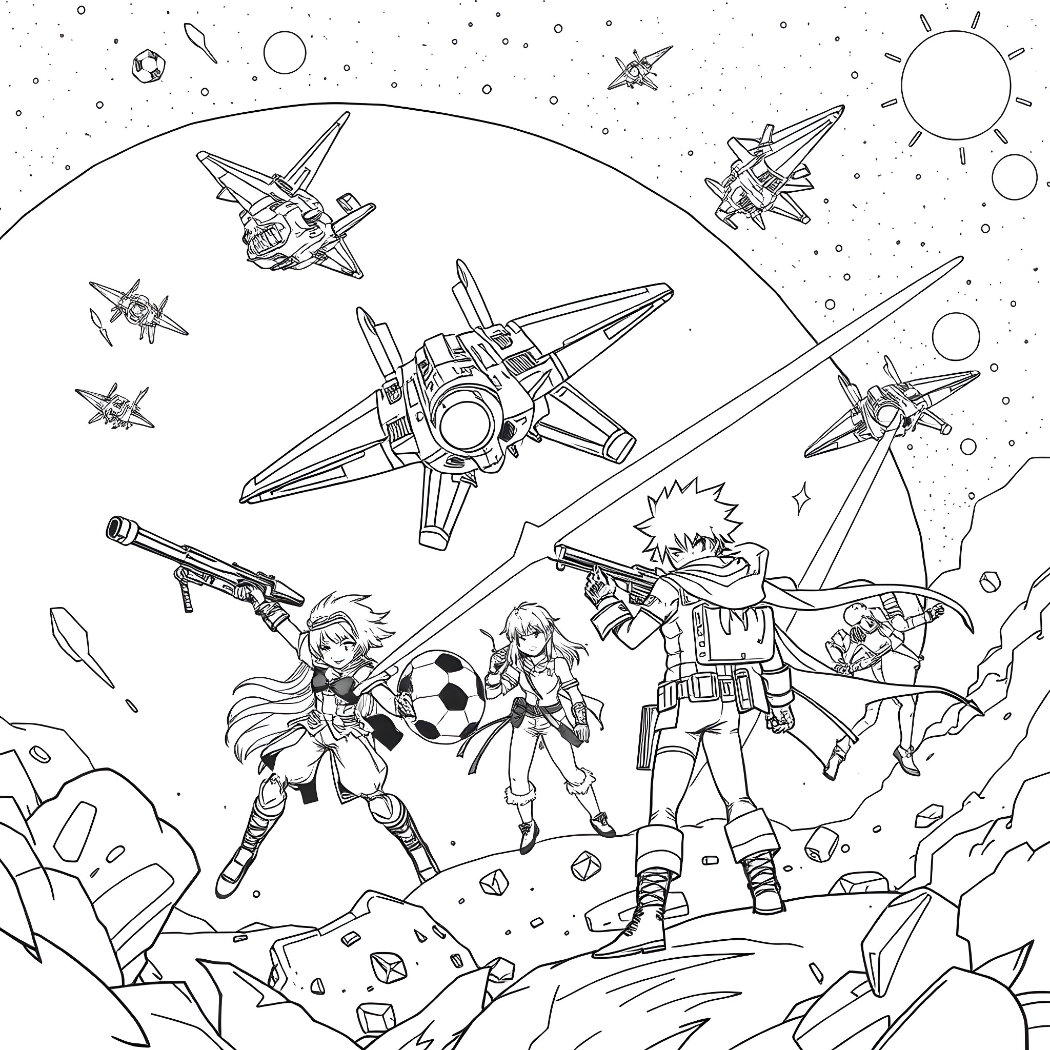 Anime characters battling in an outer space setting Coloring Page (free black-and-white line drawing printable PDF for all, from beginners to advanced learners, including children, teens, adults, and seniors)