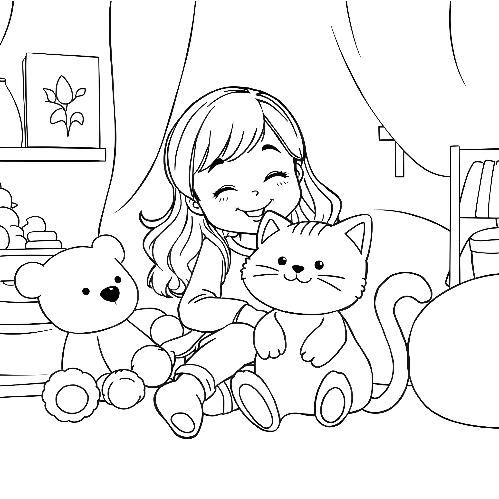 Gabby playing with her cute stuffed animals Coloring Page (free black-and-white line drawing printable PDF for all, from beginners to advanced learners, including children, teens, adults, and seniors)