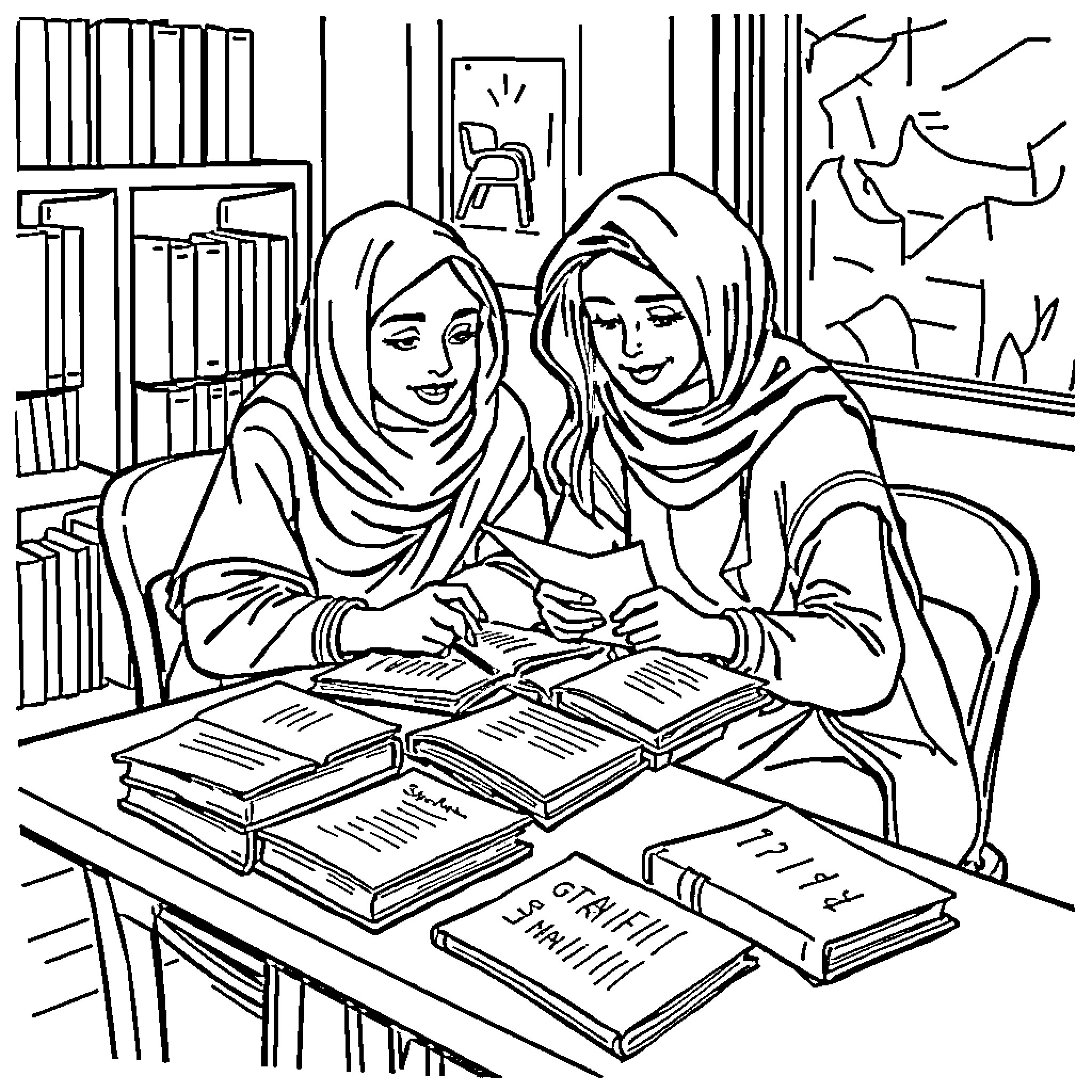 Luz and Amity studying together in the library Coloring Page (free black-and-white line drawing printable PDF for all, from beginners to advanced learners, including children, teens, adults, and seniors)