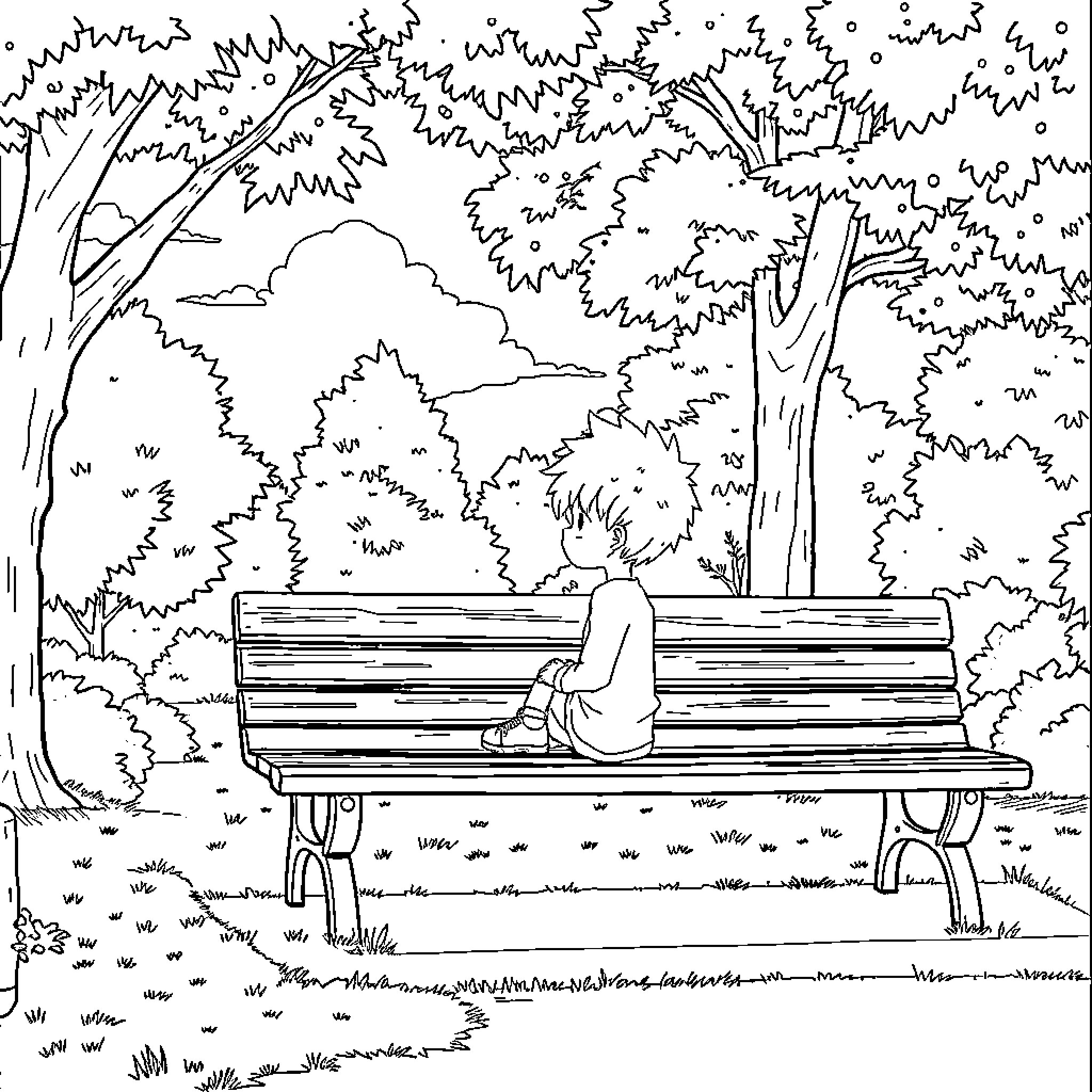 Deku's Solitary Contemplation in the Park Coloring Page (free black-and-white line drawing printable PDF for all, from beginners to advanced learners, including children, teens, adults, and seniors)